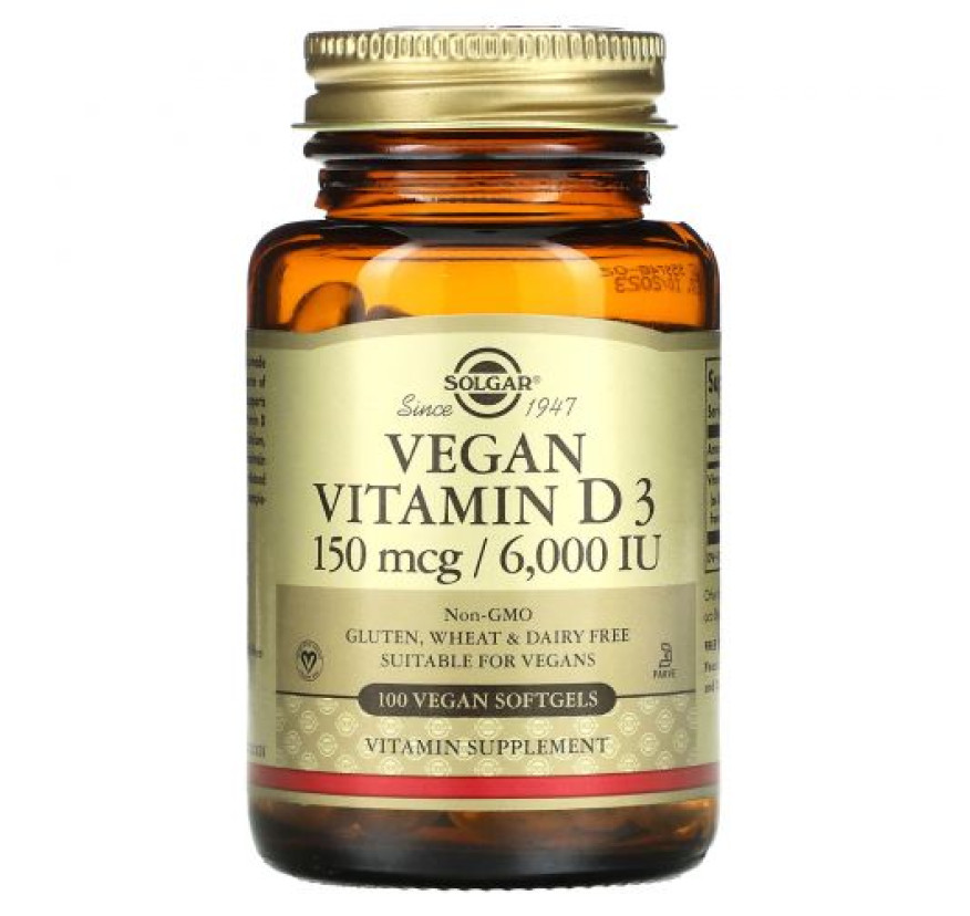 Solgar, Веганский витамин D3, 150 мкг / 6000 МЕ, 100 веганских капсул