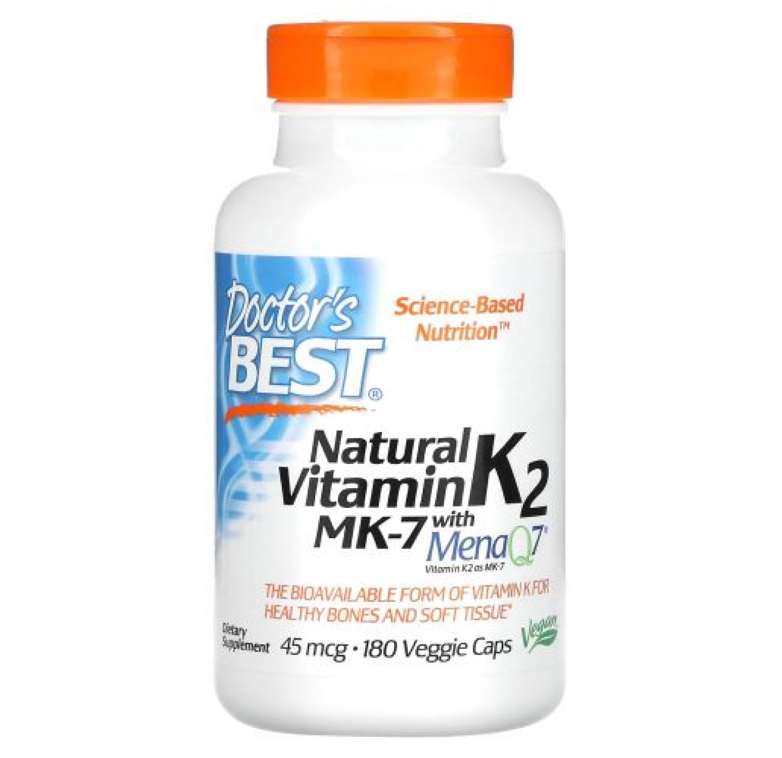 Doctor's Best, натуральный витамин K2 MK-7 с MenaQ7, 45 мкг, 180 вегетарианских капсул