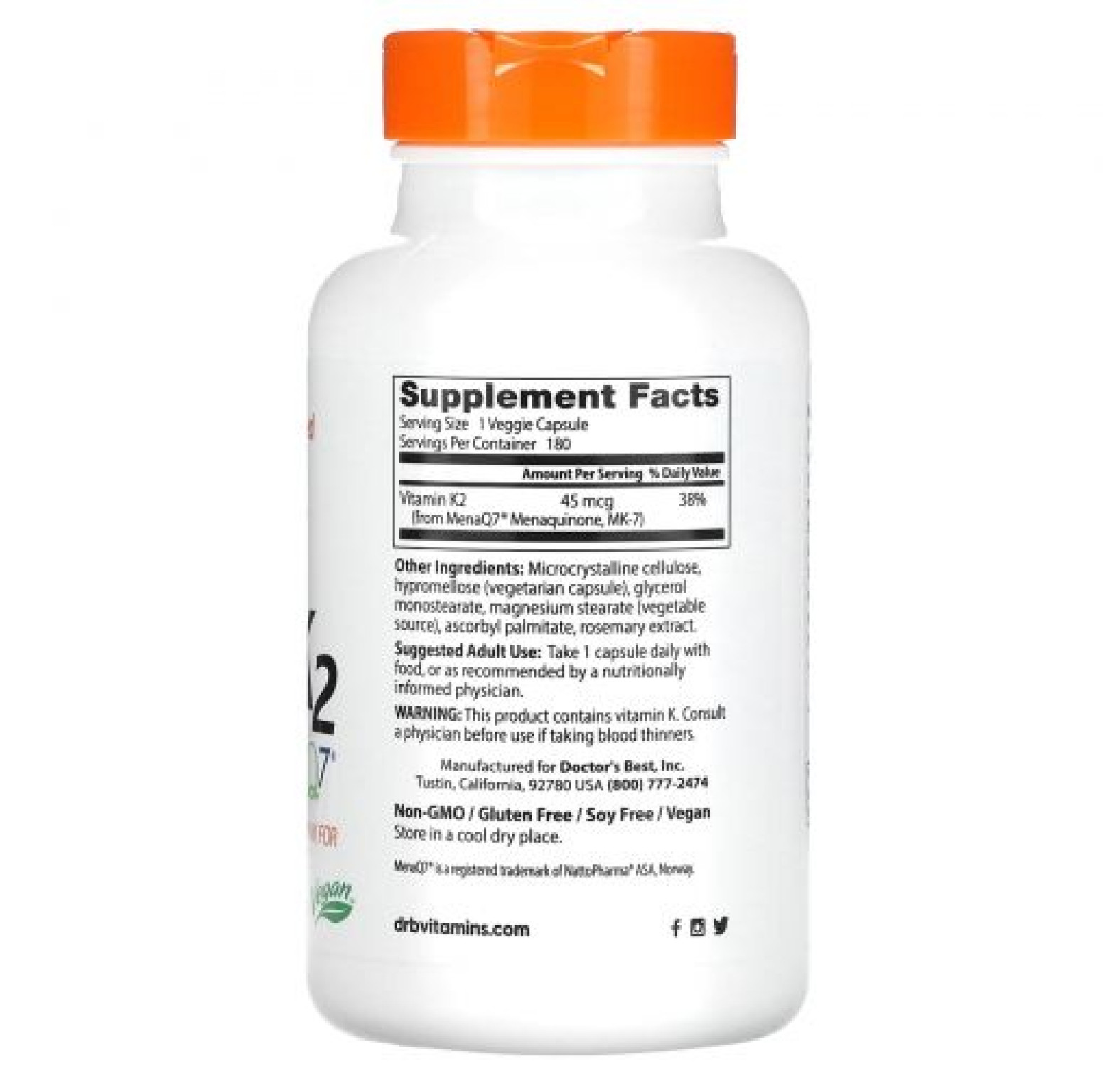 Doctor's Best, натуральный витамин K2 MK-7 с MenaQ7, 45 мкг, 180 вегетарианских капсул