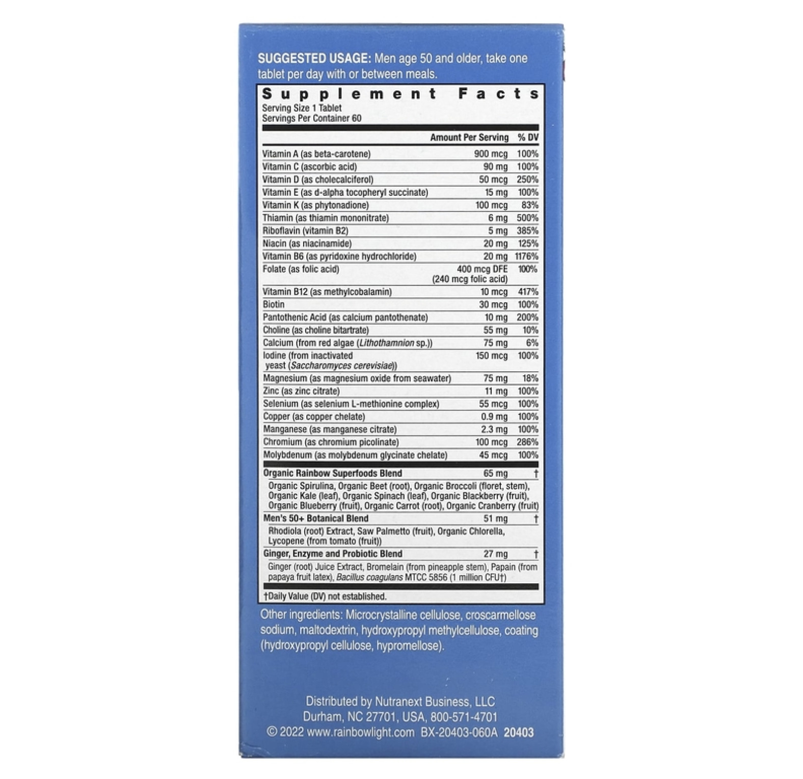 Rainbow Light, Men One 50+ Daily, мультивитамины, высокая эффективность, 60 вегетарианских таблеток