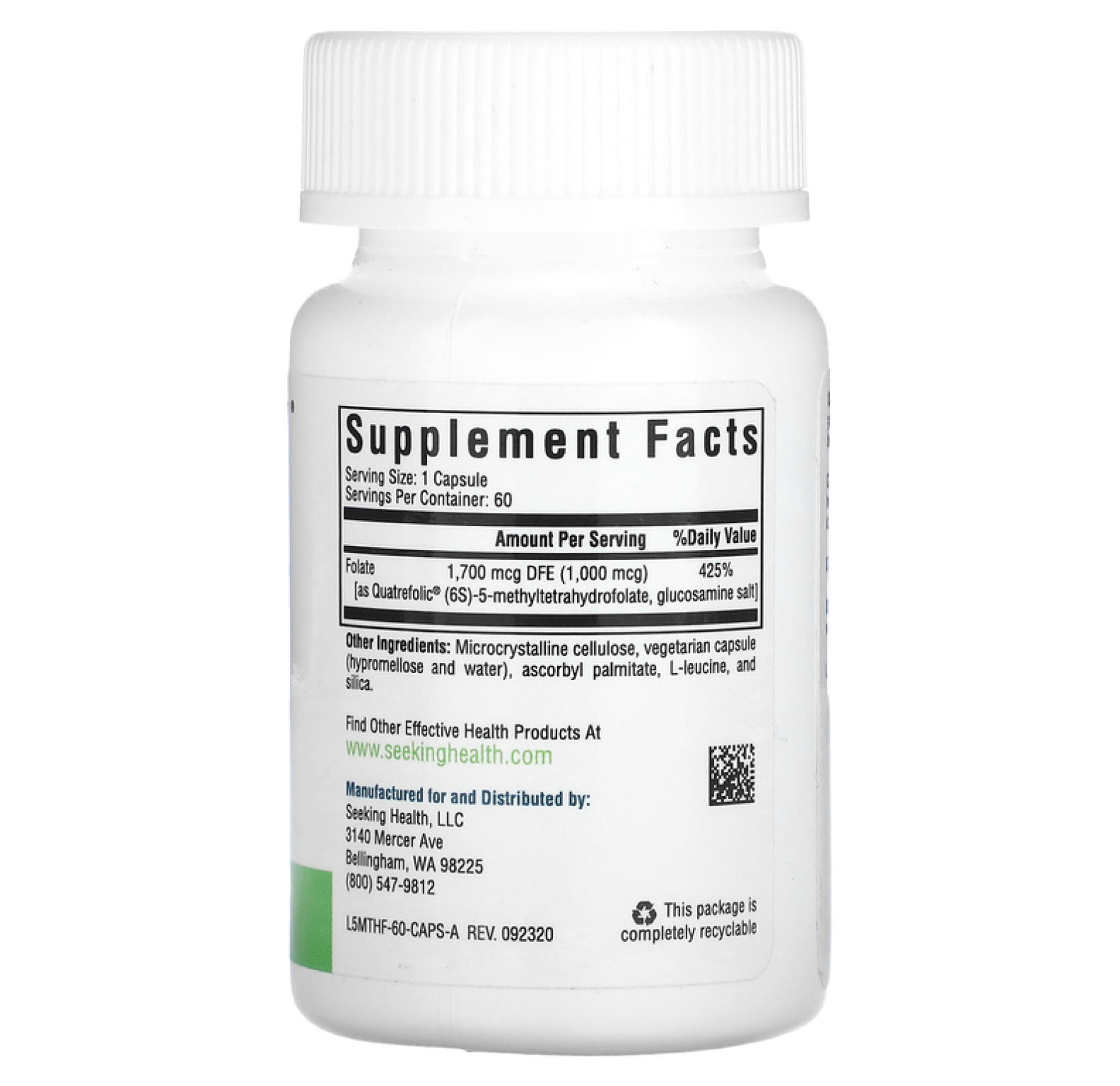 Seeking Health, L-5-MTHF, 1700 мкг DFE, 60 вегетарианских капсул