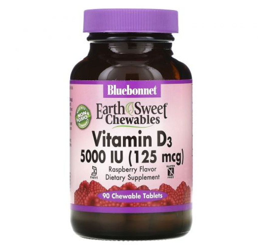 Bluebonnet Nutrition, витамин D3, малина, 5000 МЕ (125 мкг), 90 жевательных таблеток