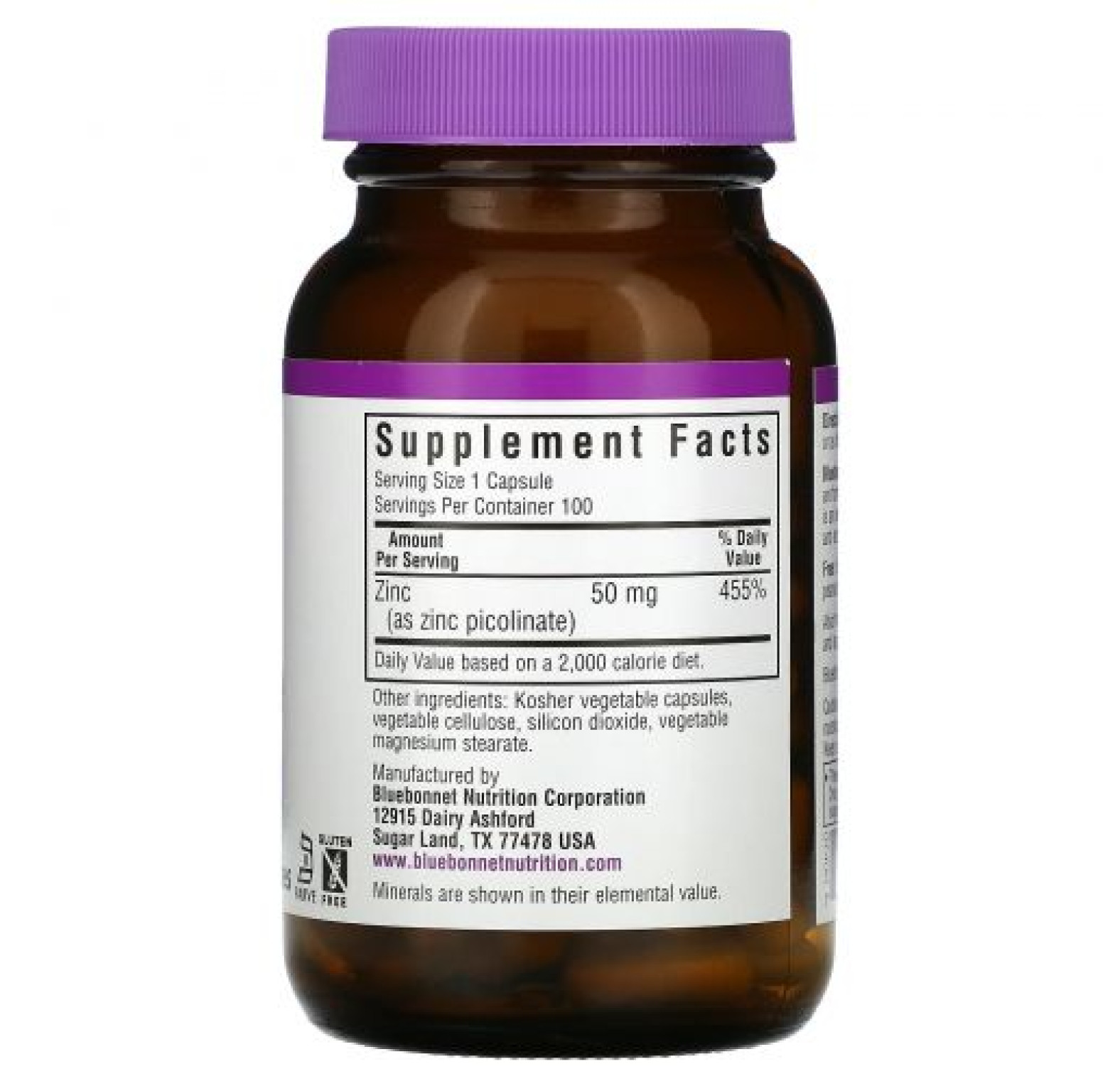 Bluebonnet Nutrition, пиколинат цинка, 50 мг, 100 вегетарианских капсул