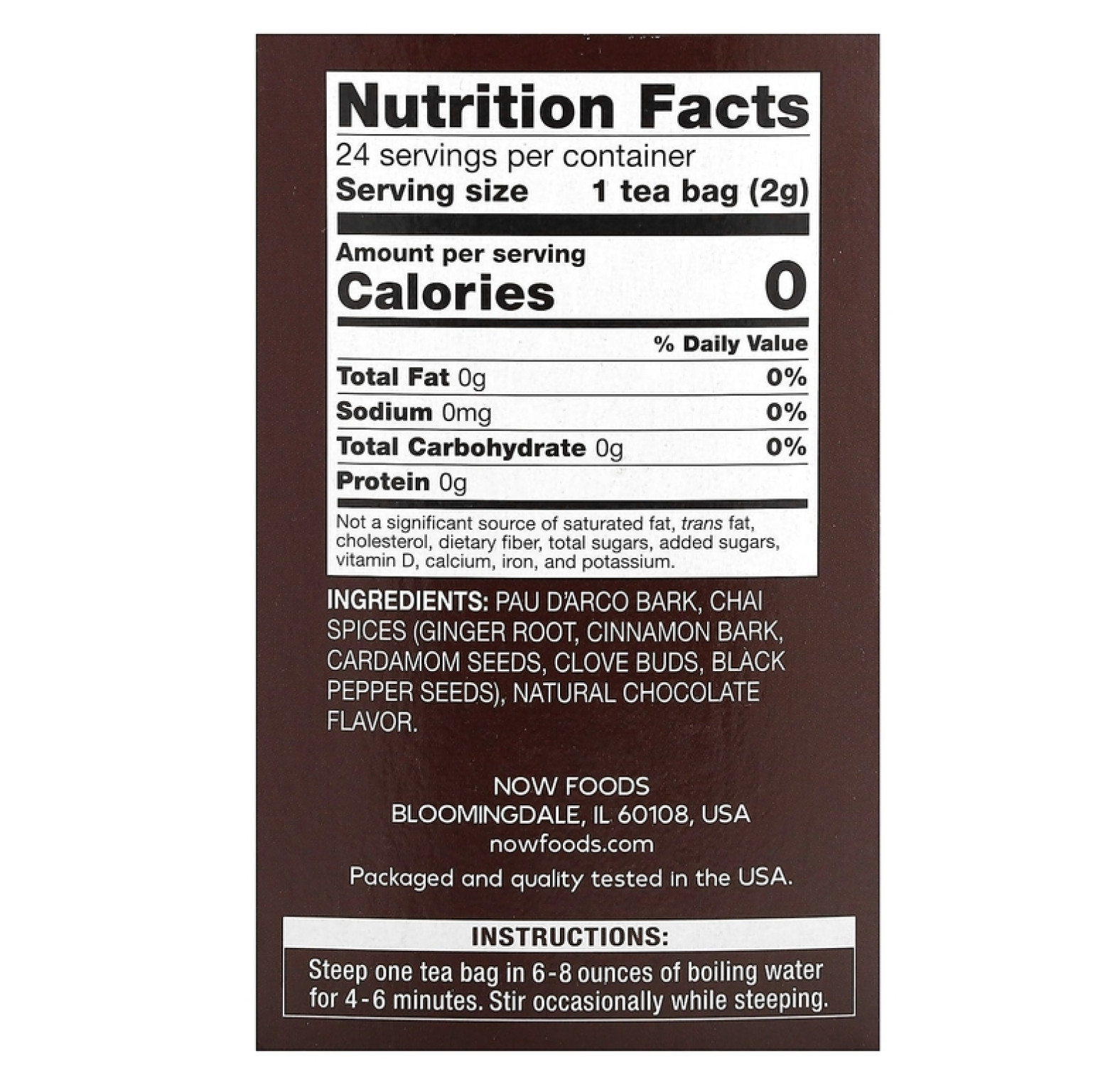 NOW Foods, Настоящий чай из коры муравьиного дерева, без кофеина, 24 чайных пакетика, 48 г