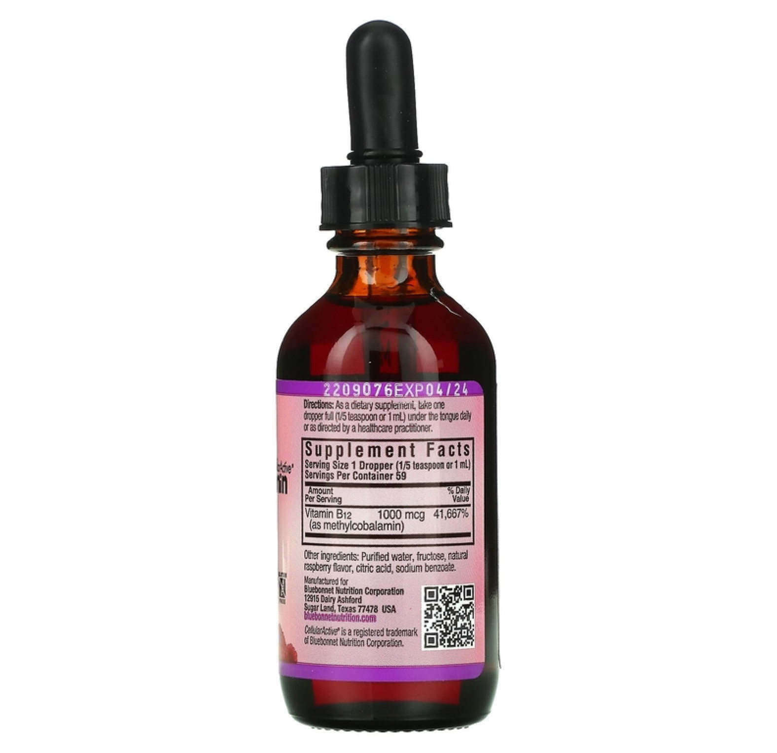 Bluebonnet Nutrition, CelluarActive, витамин B12 (метилкобаламин), вкус малины, 1000 мкг, 59 мл