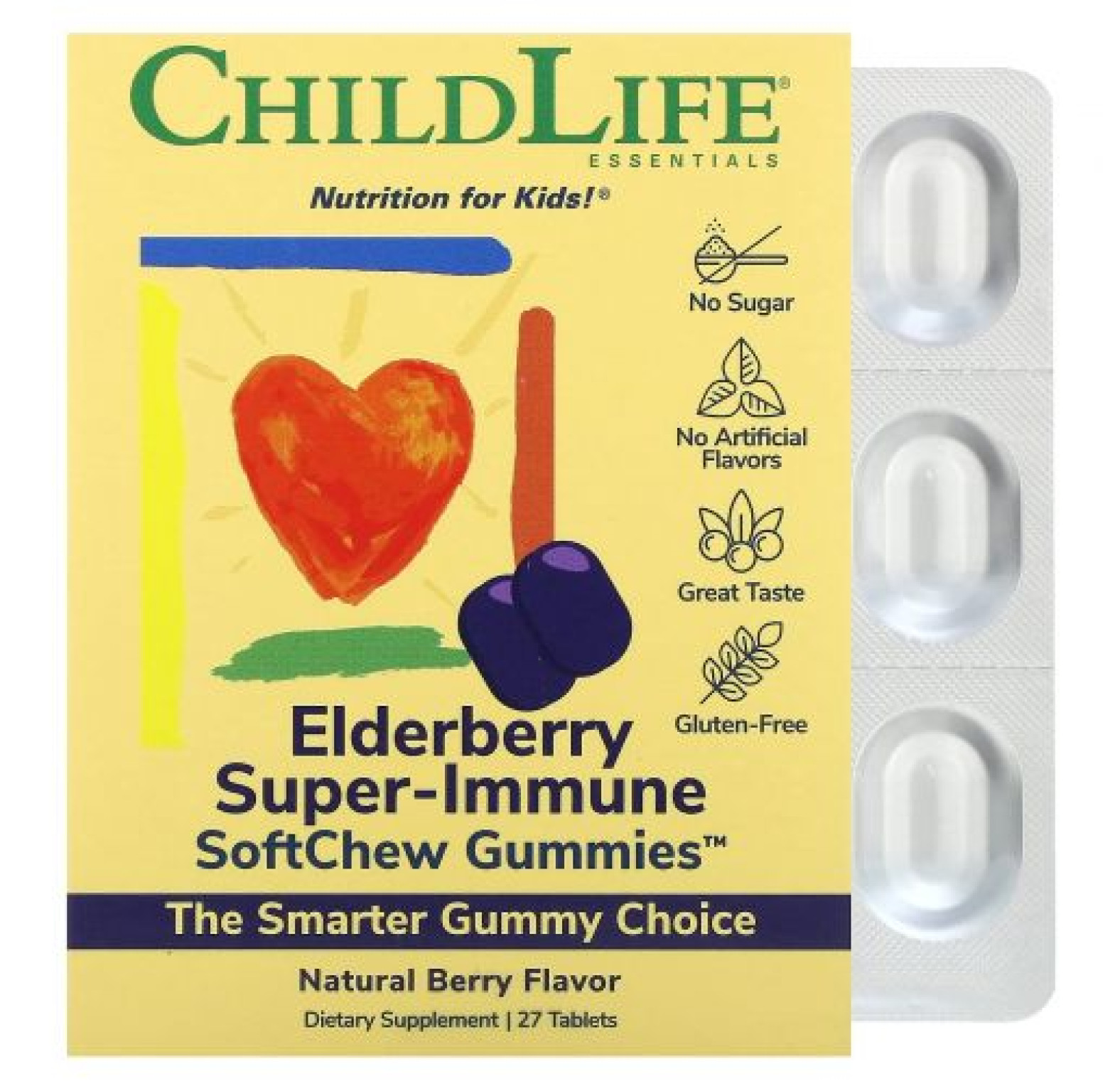 ChildLife Essentials, Super-Immune SoftChew Gummies, жевательные таблетки с бузиной для детей, со вкусом натуральных ягод, 27 таблеток