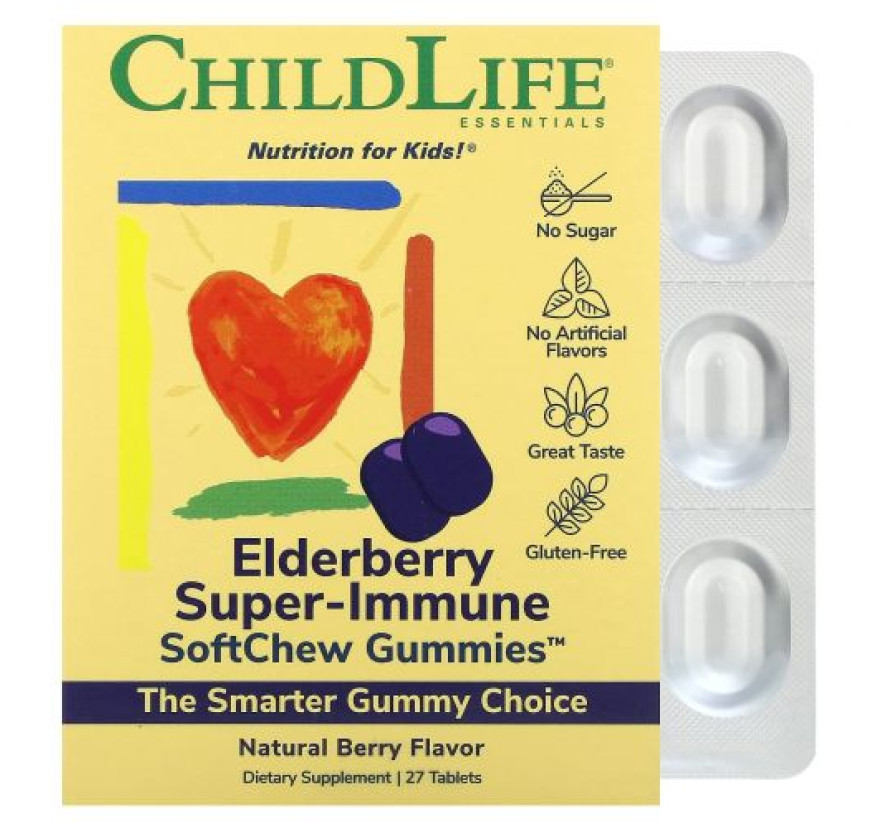 ChildLife Essentials, Super-Immune SoftChew Gummies, жевательные таблетки с бузиной для детей, со вкусом натуральных ягод, 27 таблеток