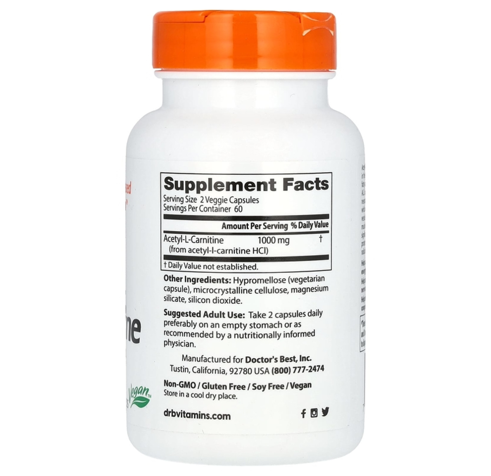 Doctor's Best, ацетил-L-карнитин, 1000 мг, 120 растительных капсул (500 мг в 1 капсуле)