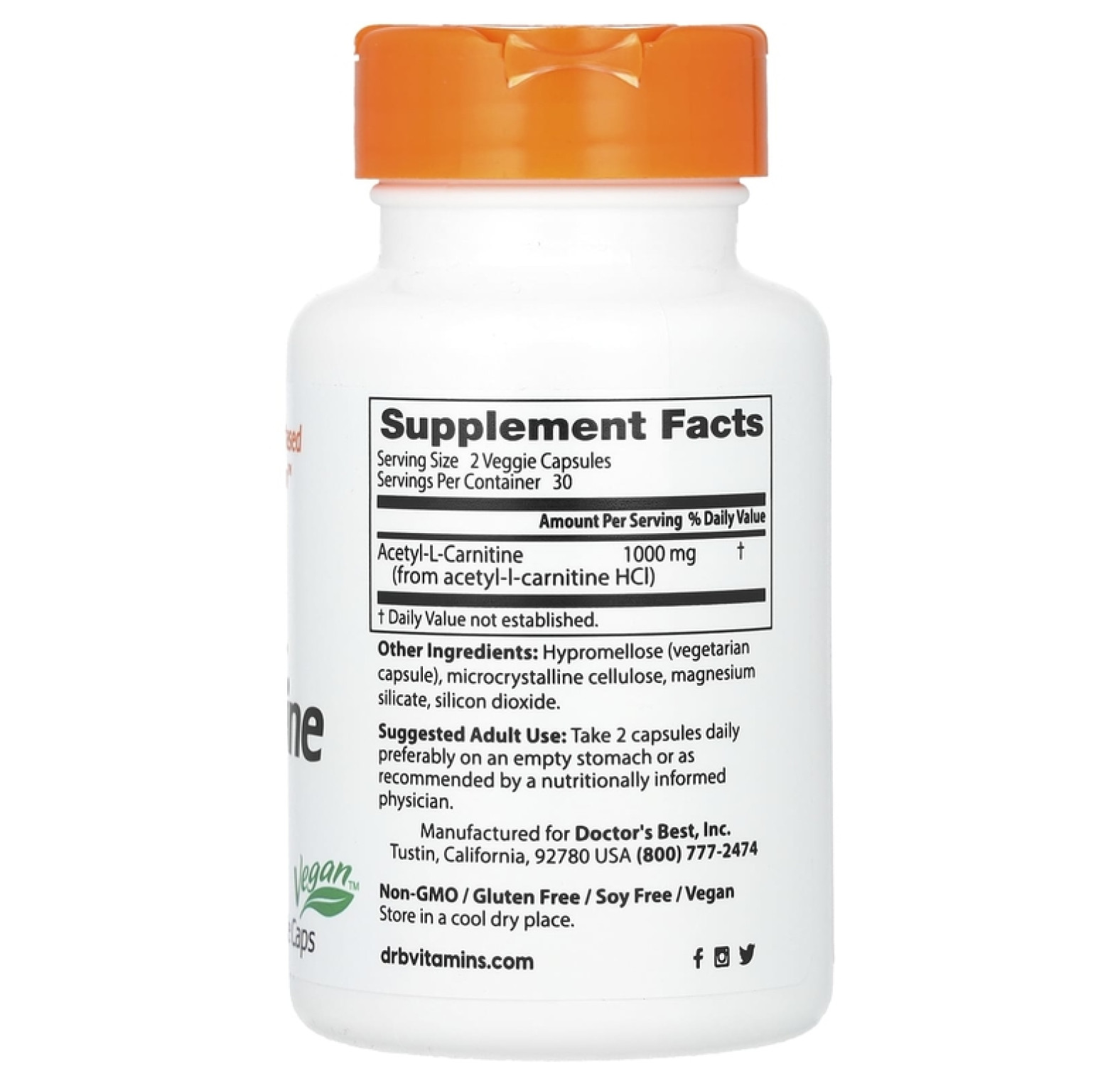 Doctor's Best, ацетил-L-карнитин, 1000 мг, 60 растительных капсул (500 мг в 1 капсуле