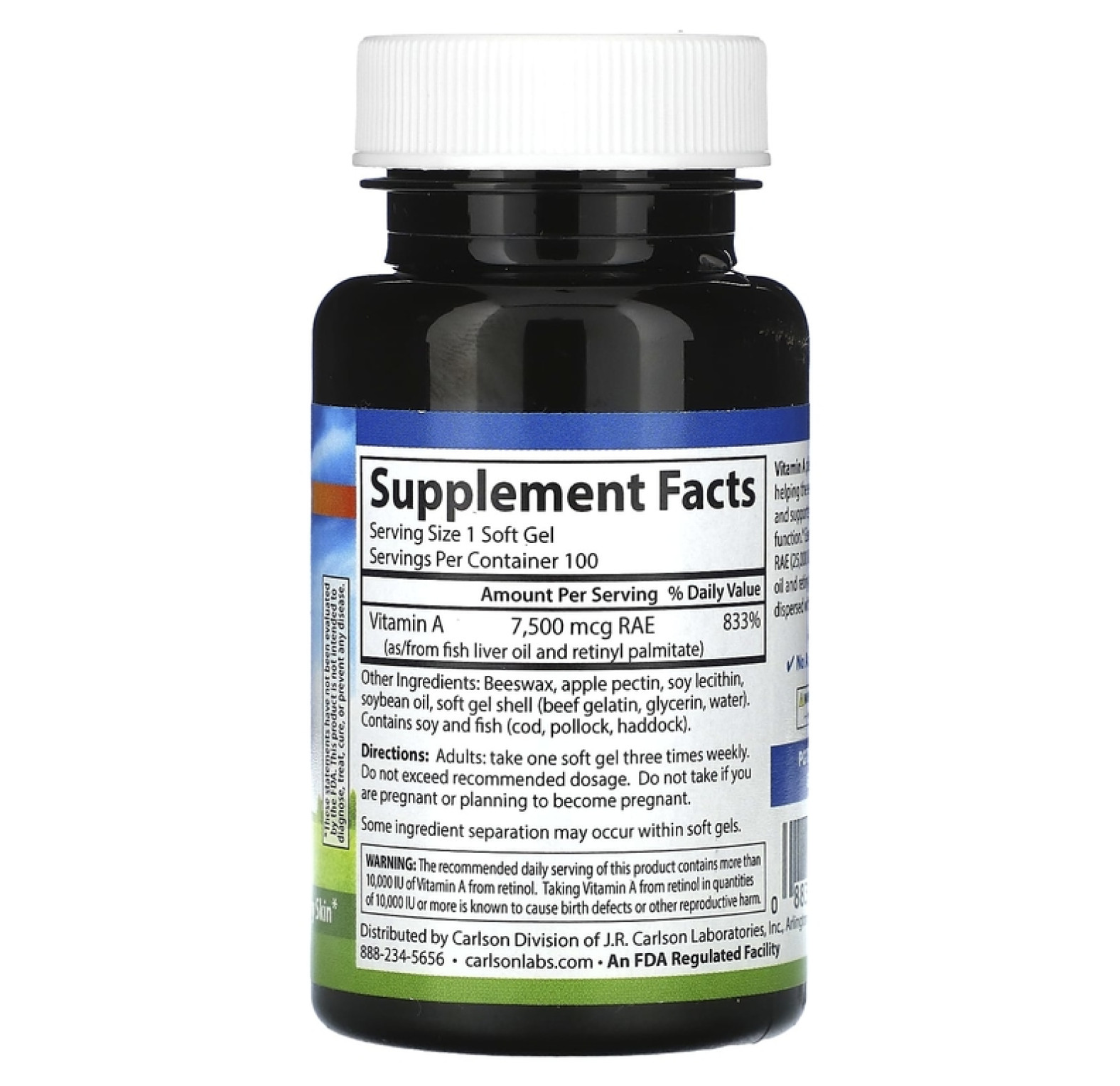 Carlson, Витамин A, 7500 мкг RAE (25000 МЕ), 100 мягких таблеток