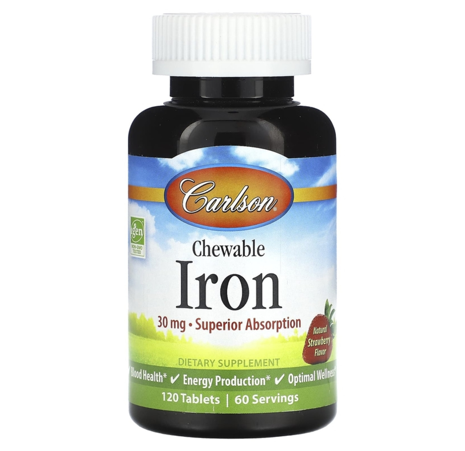Carlson, железо в форме жевательной таблетки, натуральная клубника, 30 мг, 120 таблеток (15 мг в 1 таблетке)