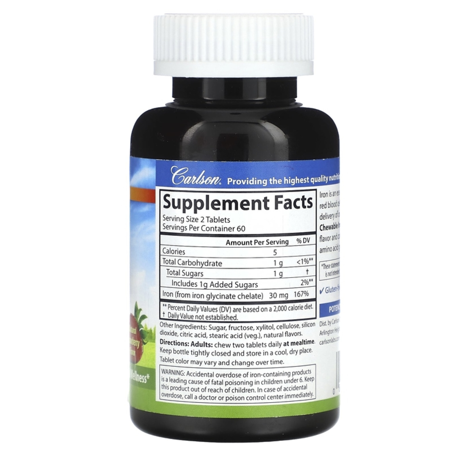 Carlson, железо в форме жевательной таблетки, натуральная клубника, 30 мг, 120 таблеток (15 мг в 1 таблетке)