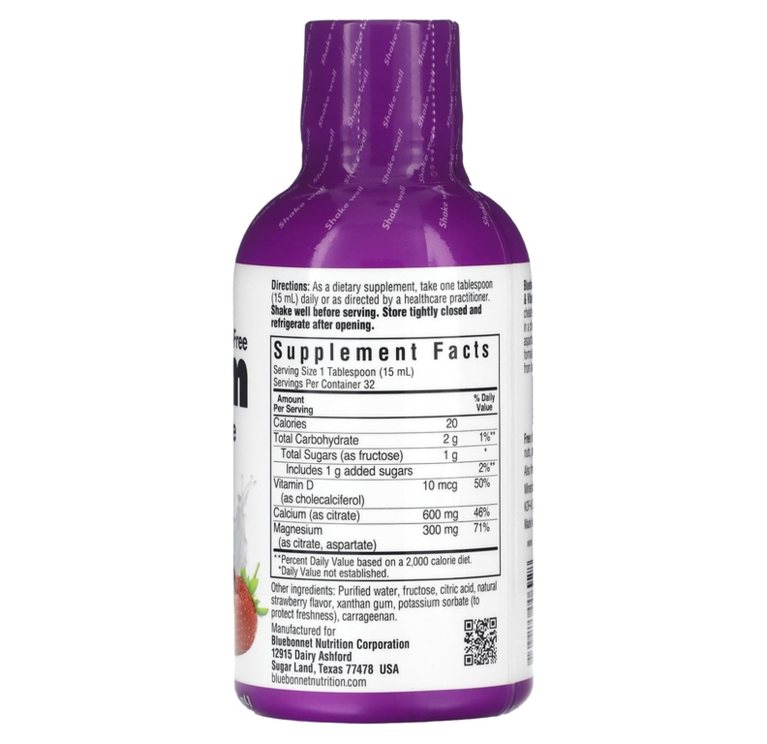 Bluebonnet Nutrition, Кальций + цитрат магния + витамин D3, вкус клубники, 473 мл