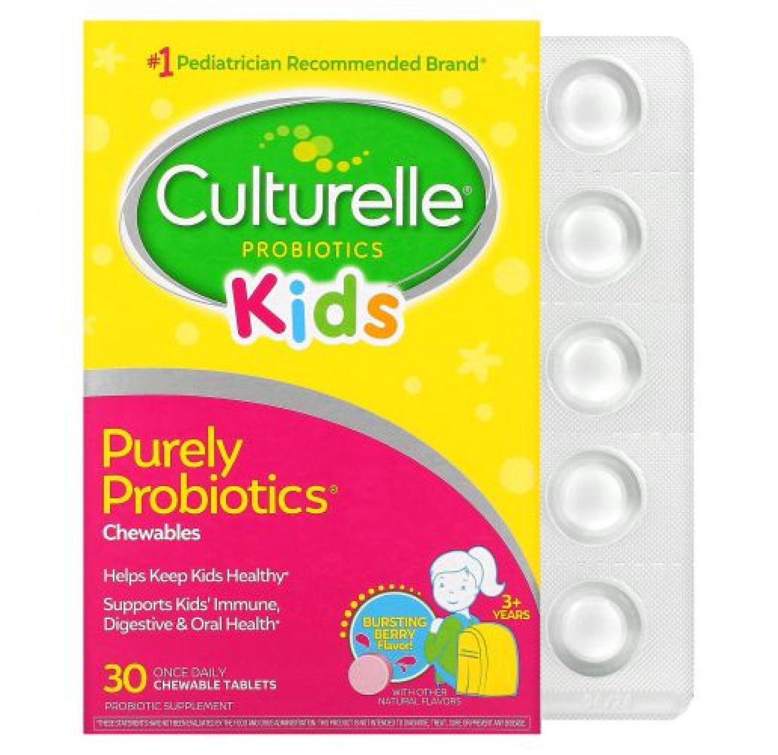 Culturelle, Purely Probiotics,чистые пробиотики, для детей старше 3 лет, ягодный вкус, 30 жевательных таблеток