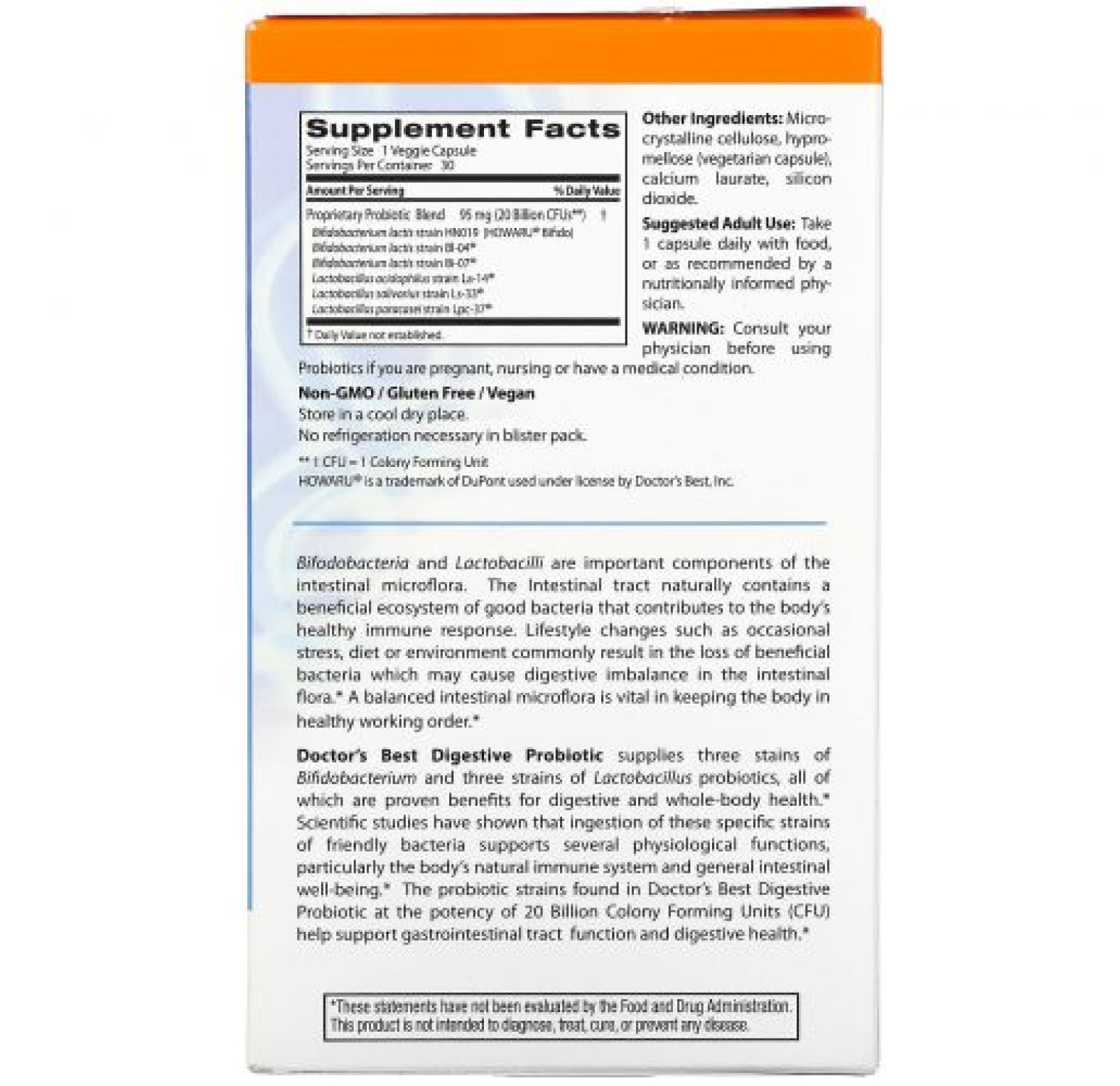 Doctor's Best, пищеварительный пробиотик с Howaru, 20 млрд КОЕ, 30 вегетарианских капсул