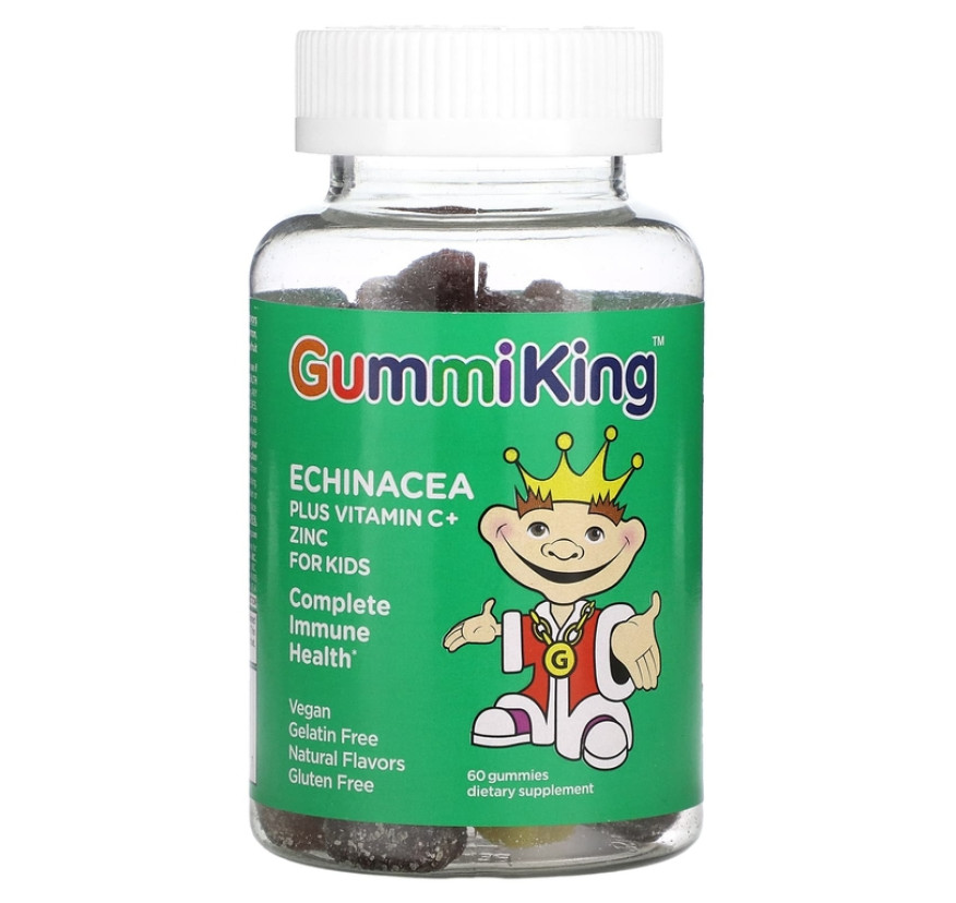 GummiKing, эхинацея, витамин C и цинк для детей, вкус клубники, апельсина, лимона, винограда, вишни и грейпфрута, 60 жевательных таблеток