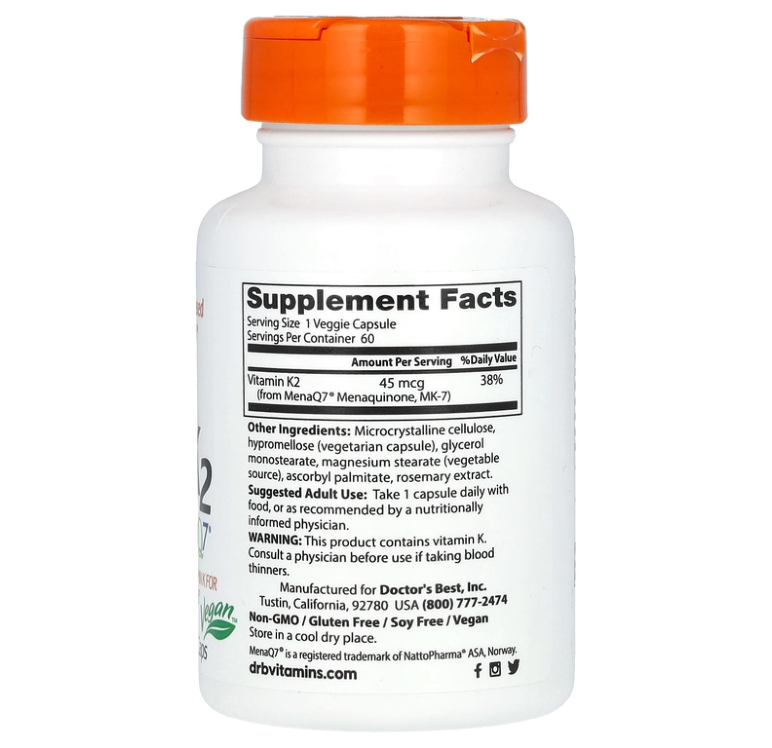 Doctor's Best, натуральный витамин K2 MK-7 с MenaQ7, 45 мкг, 60 вегетарианских капсул