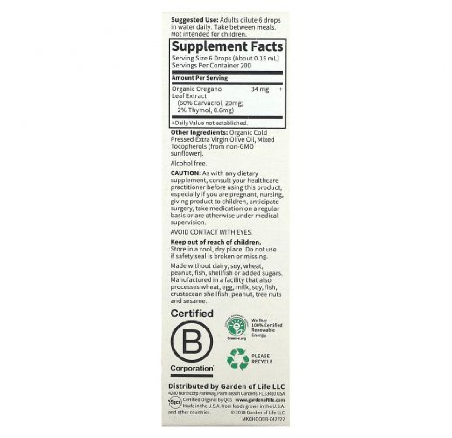 Garden of Life, MyKind Organics, масло орегано, сезонные капли, 30 мл