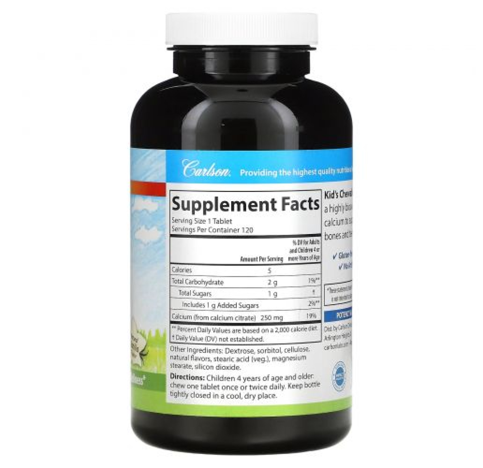 Carlson, Жевательные таблетки с кальцием для детей, с натуральным ванильным вкусом, 250 мг, 120 таблеток
