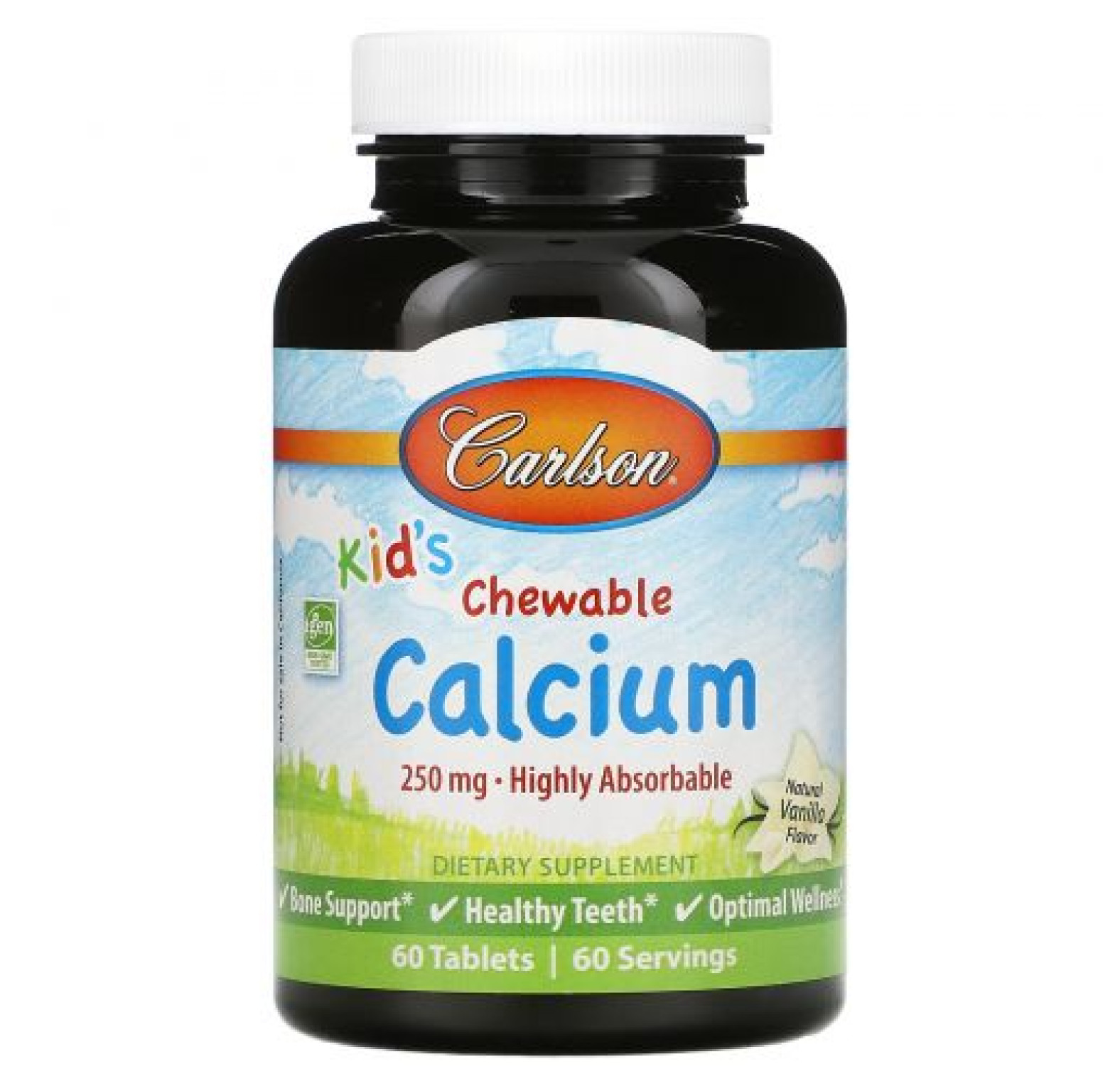 Carlson, Жевательные таблетки с кальцием для детей, с натуральным ванильным вкусом, 250 мг, 60 таблеток
