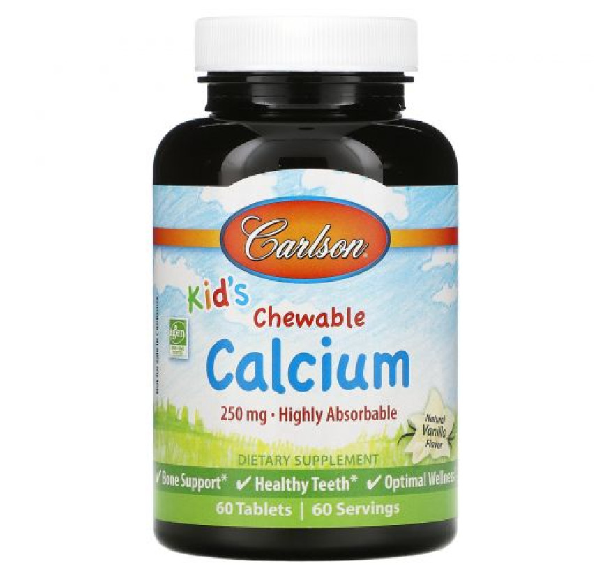Carlson, Жевательные таблетки с кальцием для детей, с натуральным ванильным вкусом, 250 мг, 60 таблеток