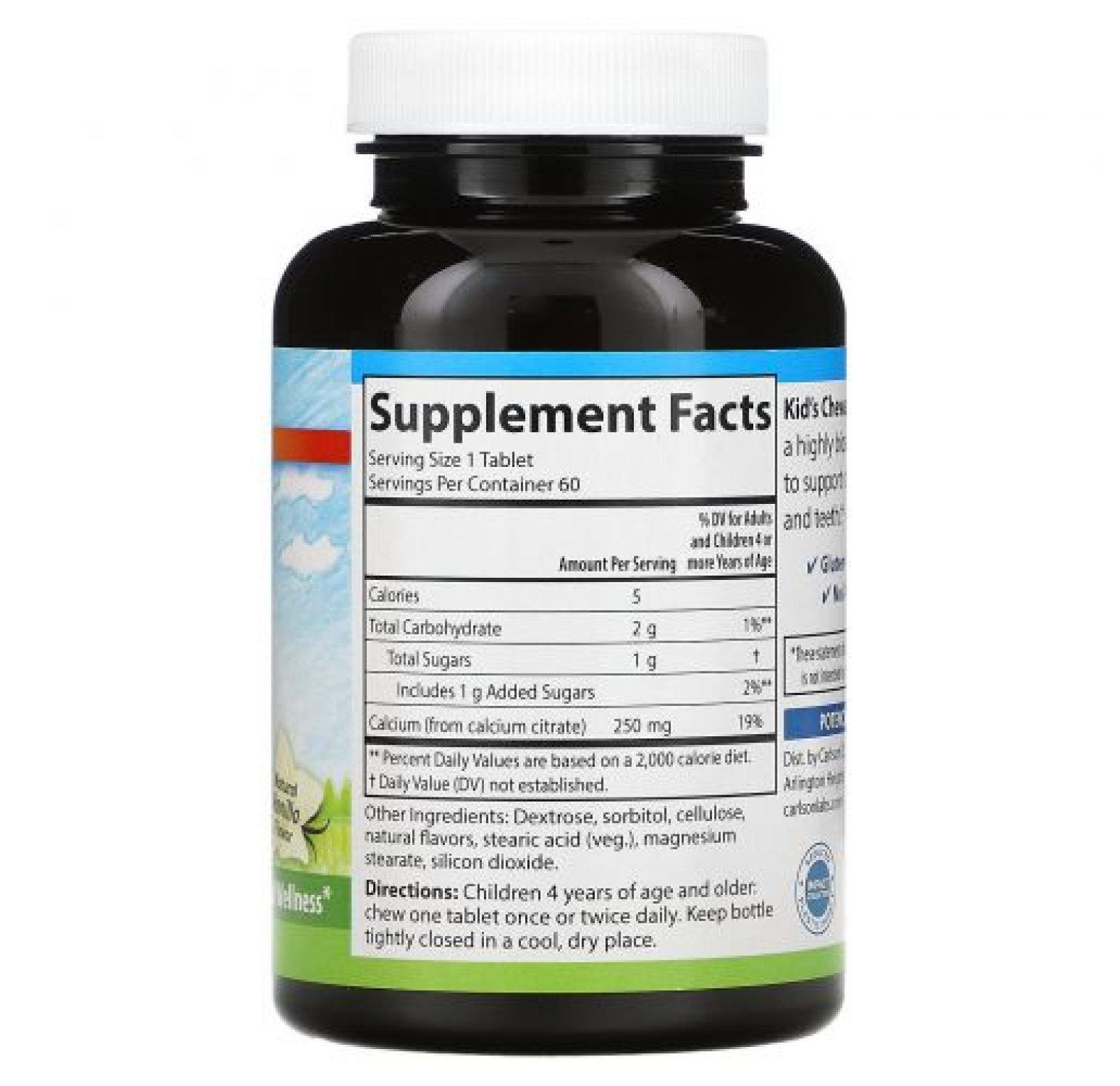 Carlson, Жевательные таблетки с кальцием для детей, с натуральным ванильным вкусом, 250 мг, 60 таблеток