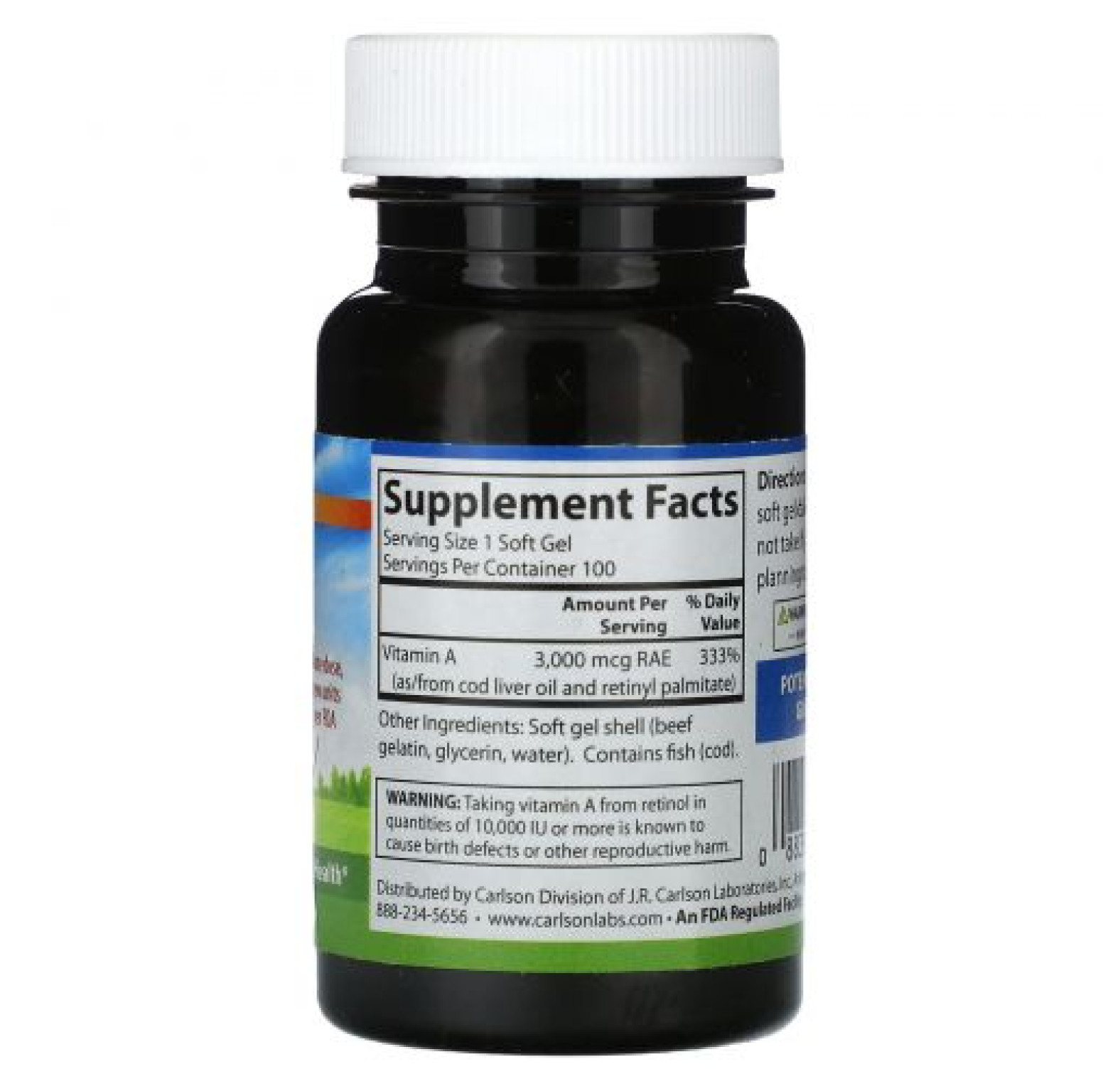 Carlson, Витамин A, 3000 мкг RAE (10 000 МЕ), 100 мягких таблеток