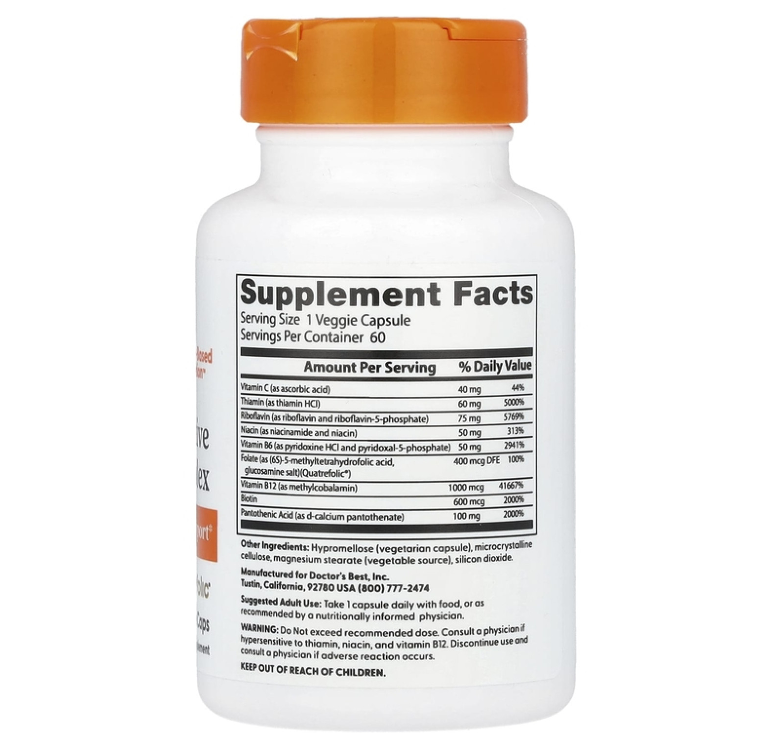 Doctor's Best, комплекс активных витаминов B с Quatrefolic, 60 вегетарианских капсул