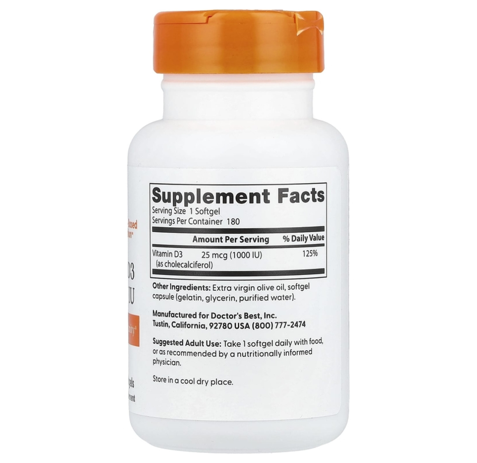 Doctor's Best, витамин D3, 25 мкг (1000 МЕ), 180 капсул