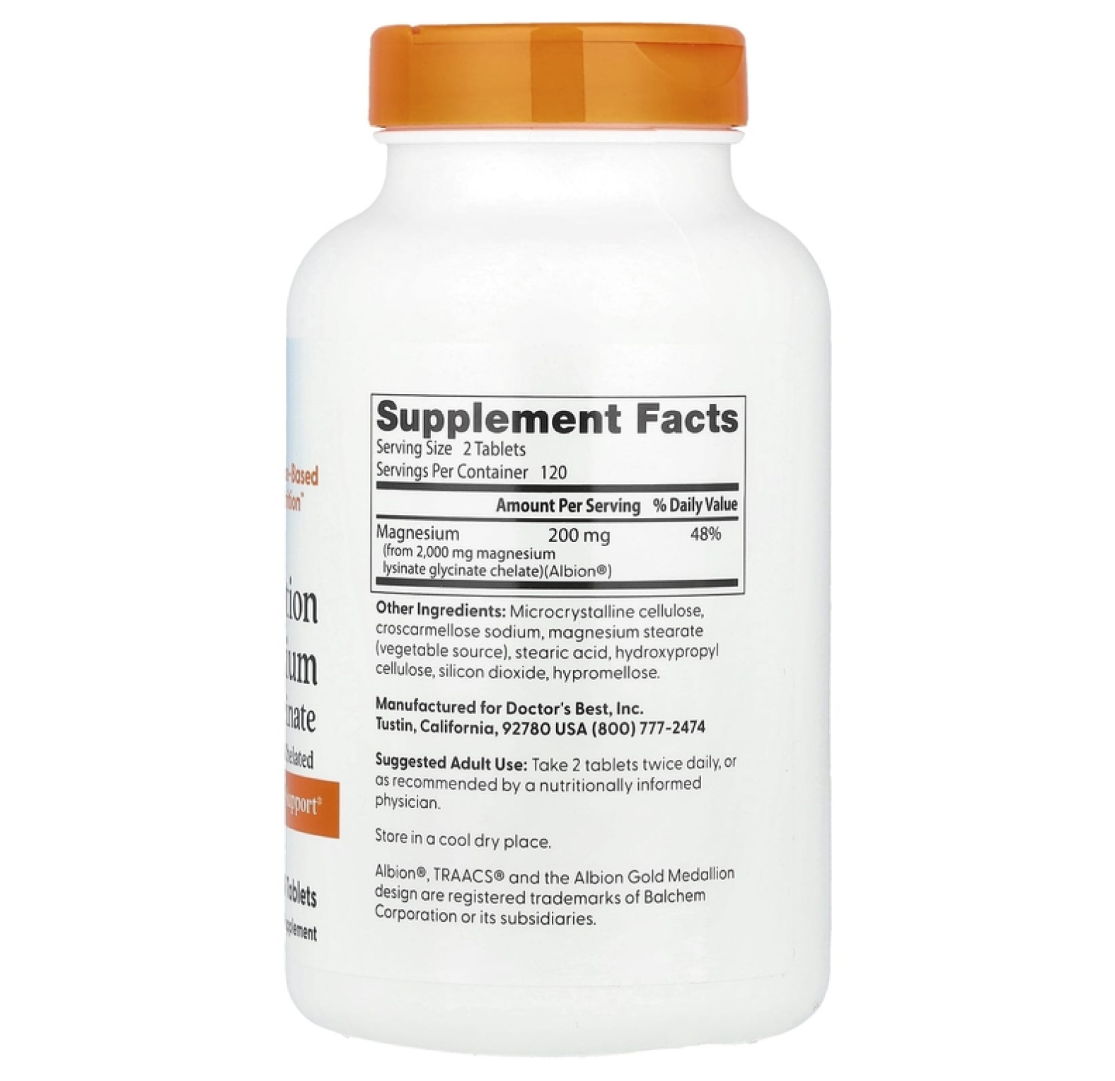 Doctor's Best, 100%-ный хелатный легкоусвояемый магний с микроэлементами Albion, 100 мг, 240 таблеток
