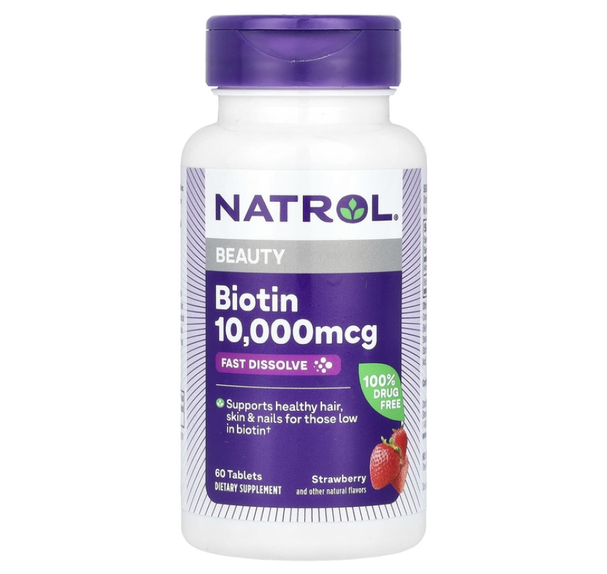 Natrol, быстрорастворимый биотин, максимальная эффективность, клубника, 10 000 мкг, 60 таблеток