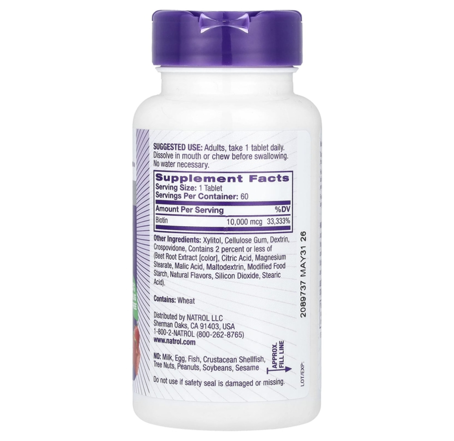 Natrol, быстрорастворимый биотин, максимальная эффективность, клубника, 10 000 мкг, 60 таблеток