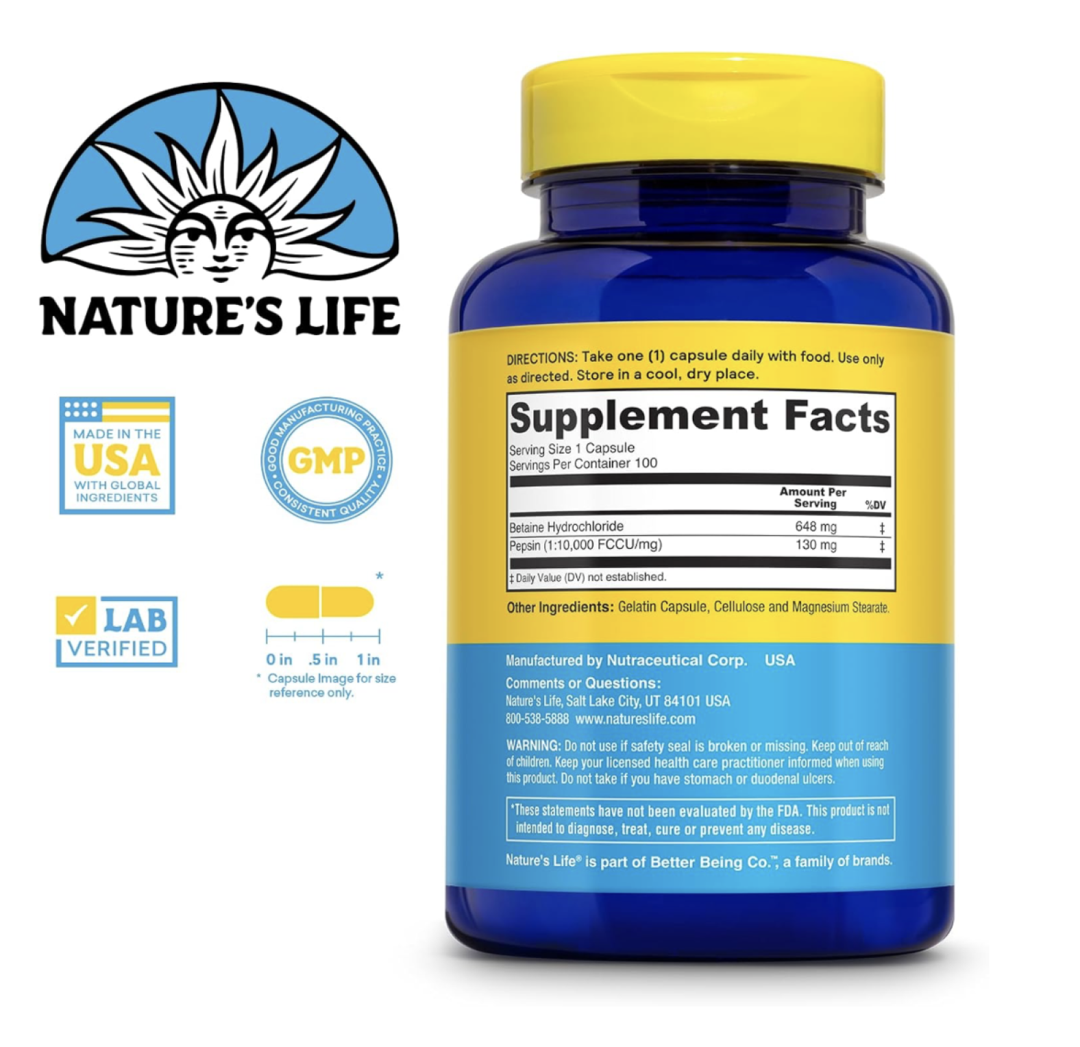 Nature's Life, Бетаин гидрохлорид, 648 мг, 100 капсул