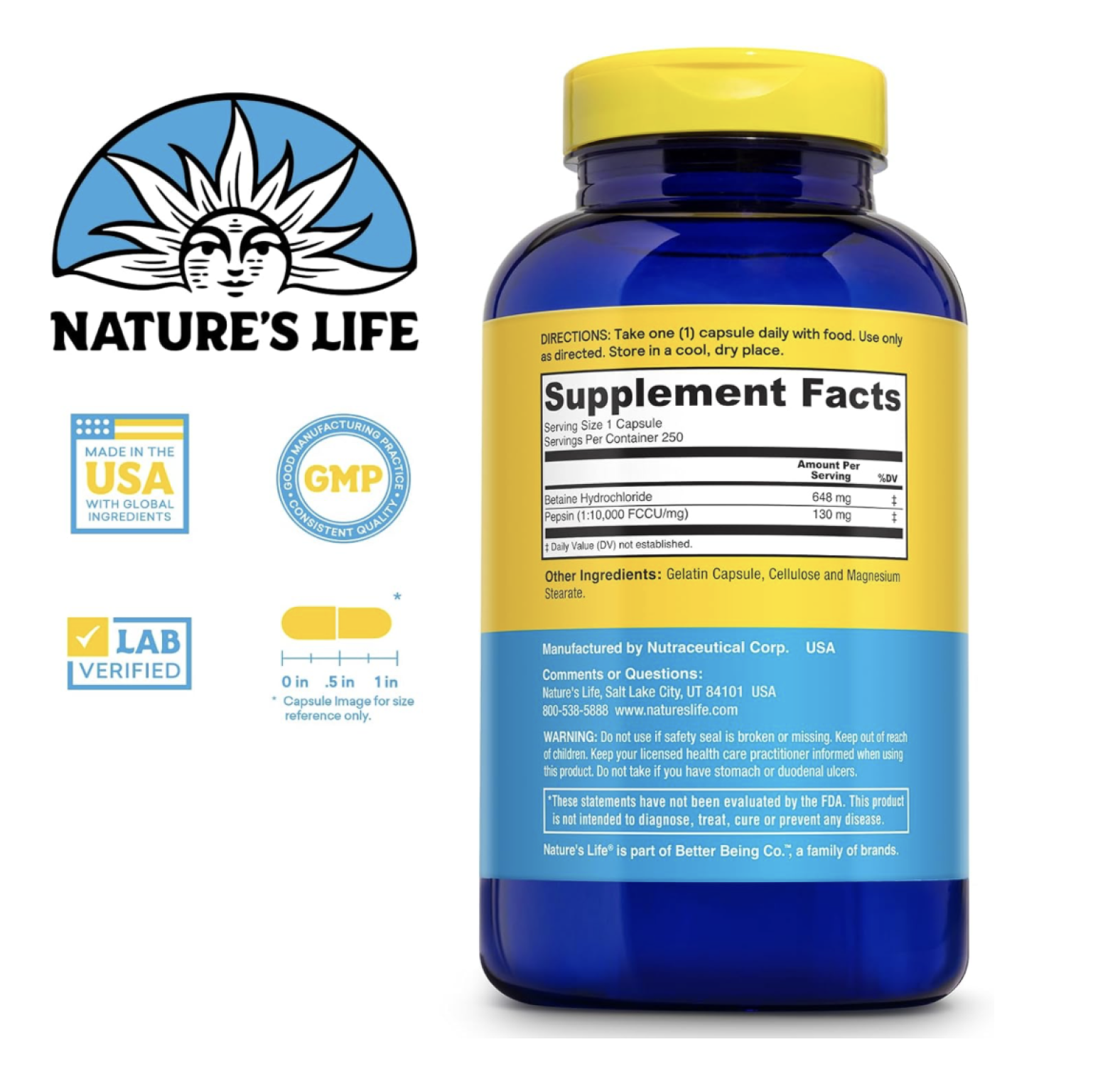 Nature's Life, Бетаина гидрохлорид, 648 мг, 250 капсул