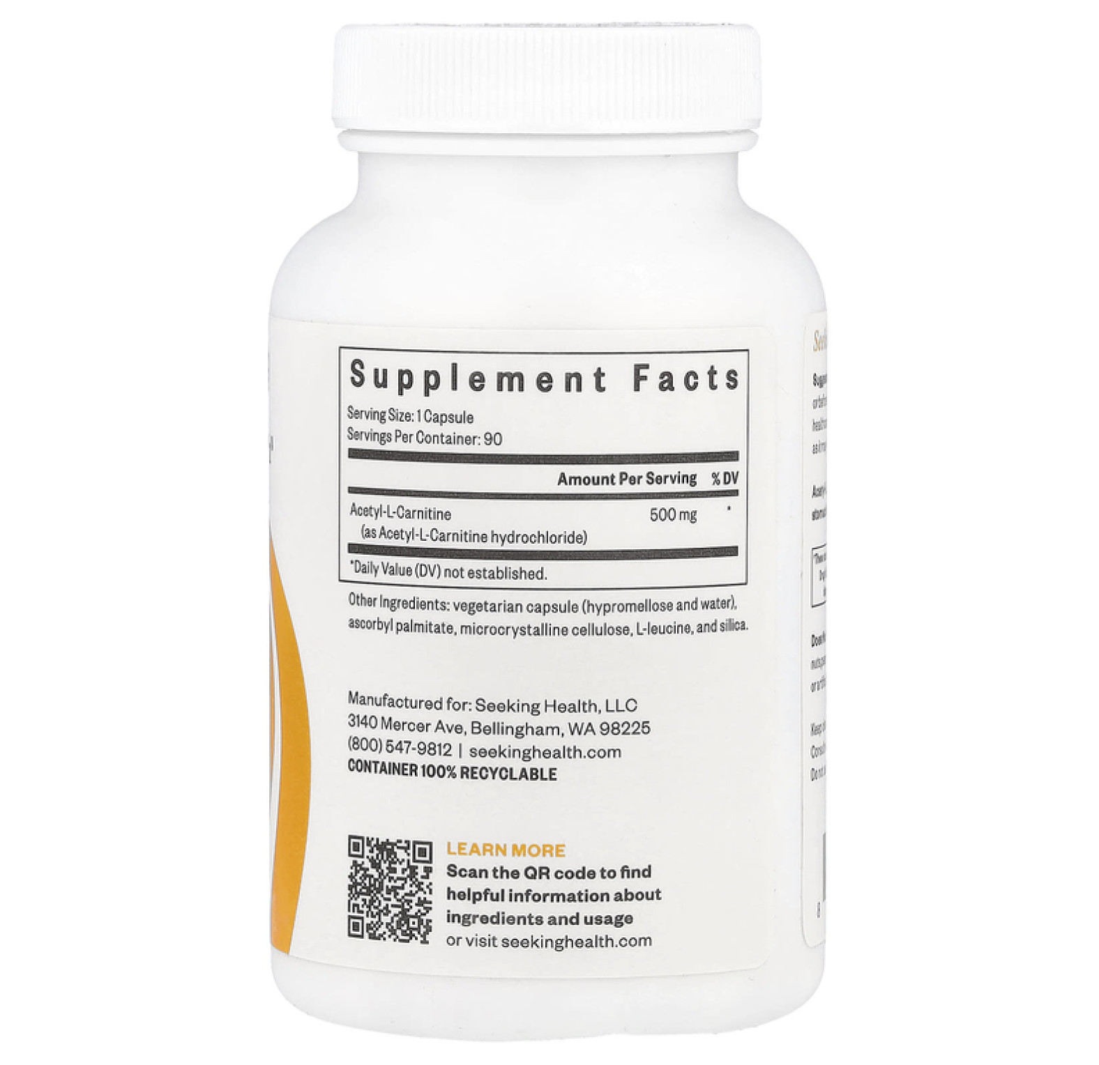 Seeking Health, Ацетил-L-карнитин, 500 мг, 90 вегетарианских капсул
