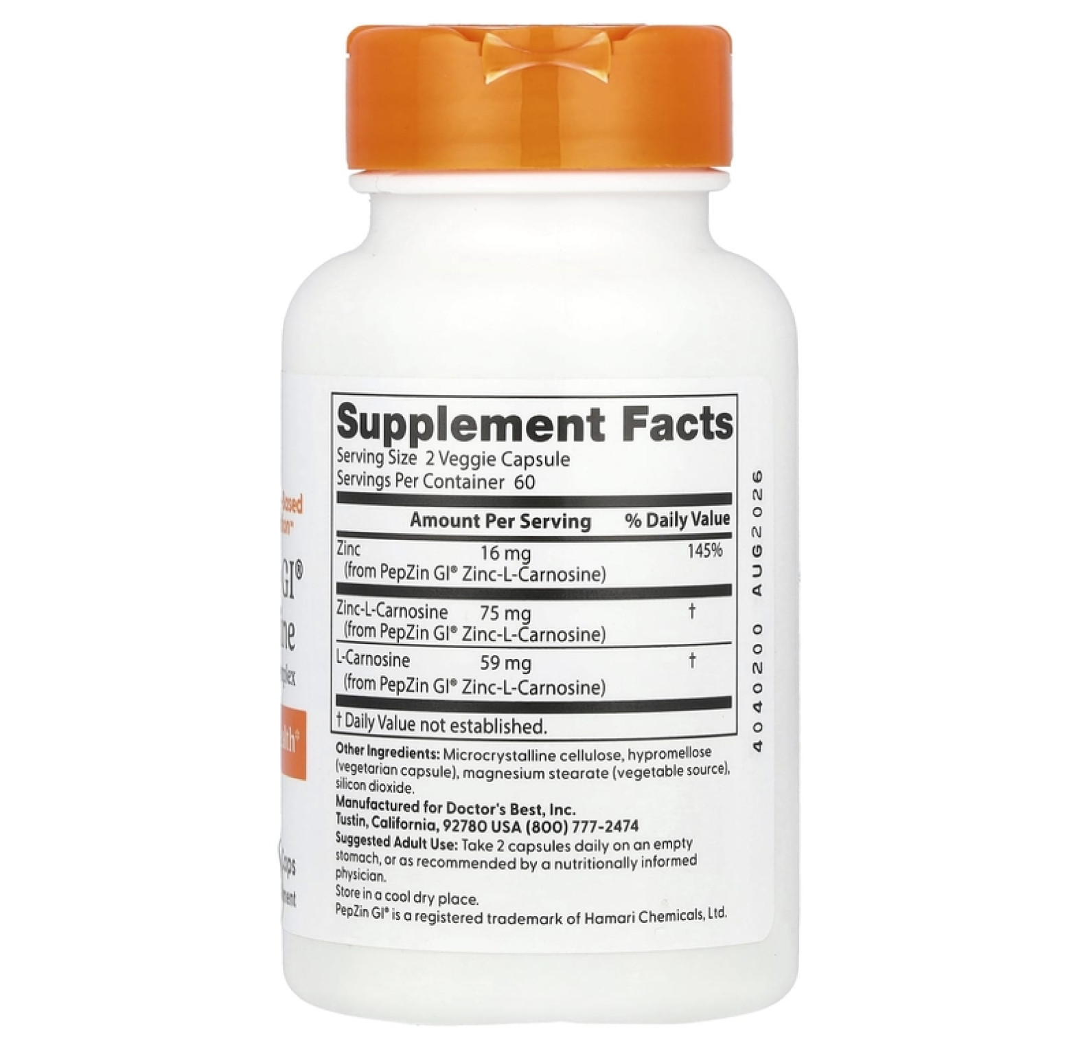 Doctor's Best, PepZin GI, комплекс цинк-L-карнозина, 120 вегетарианских капсул