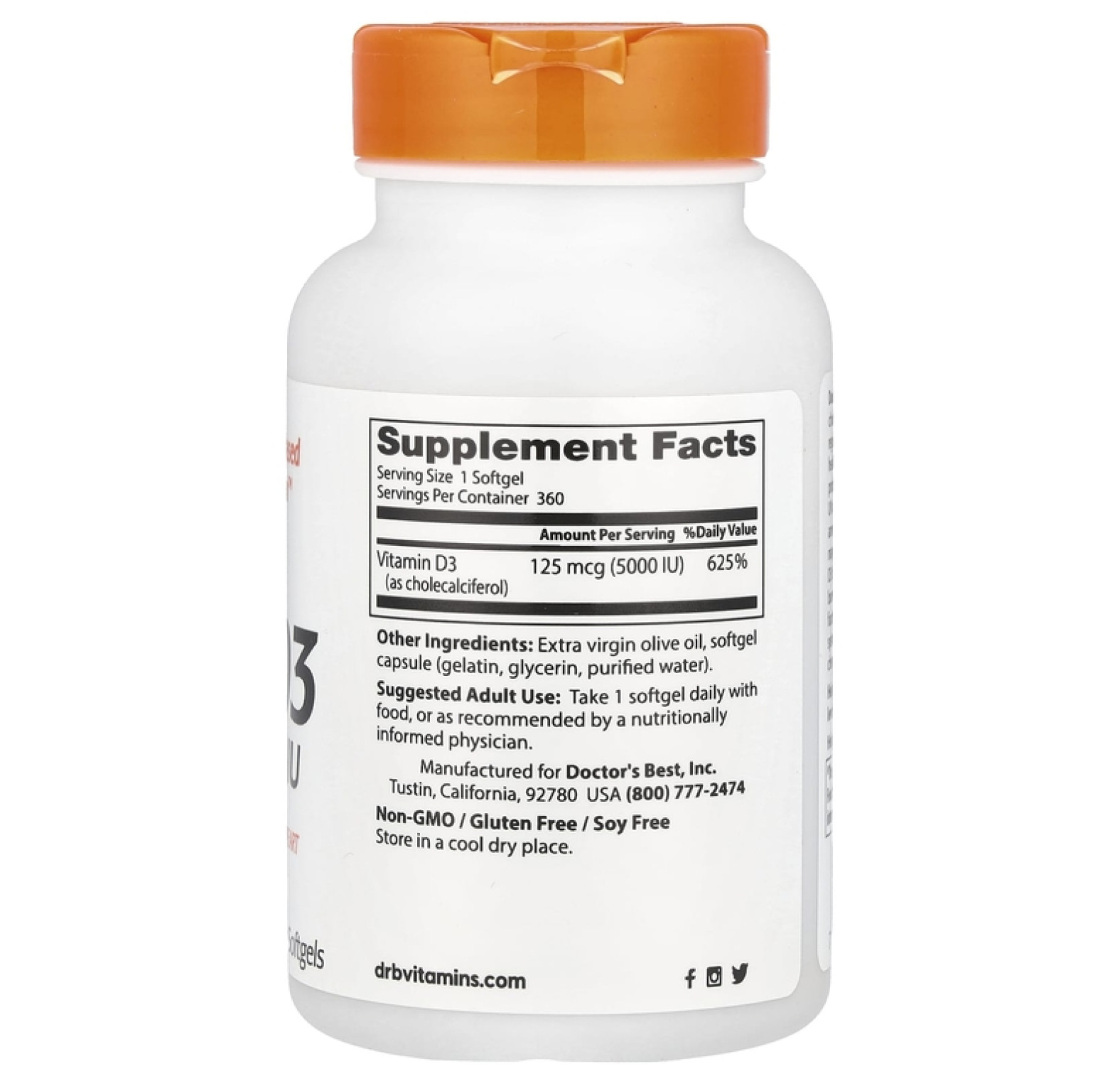 Doctor's Best, витамин D3, 125 мкг (5000 МЕ), 360 мягких таблеток