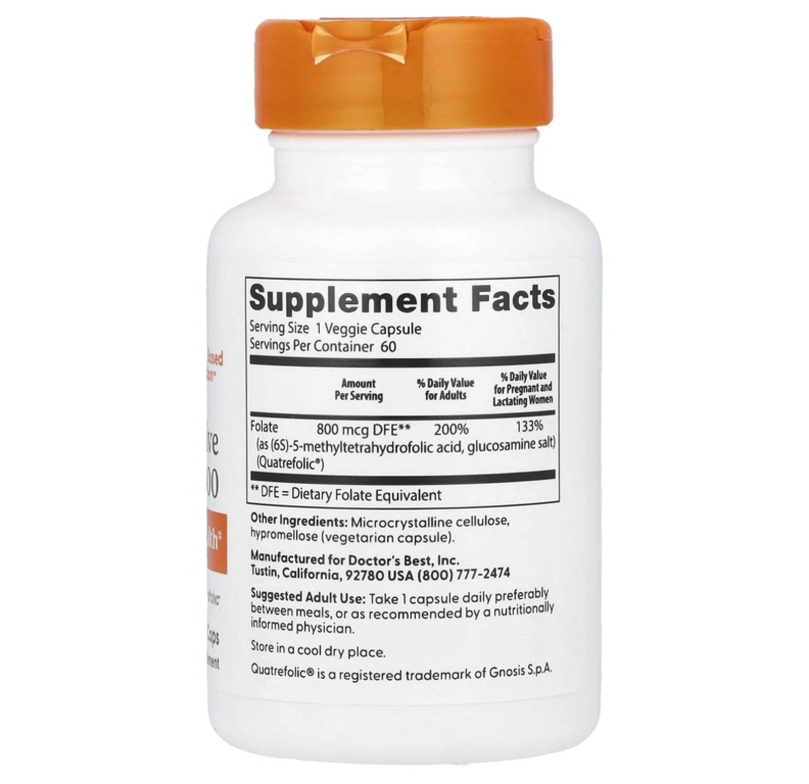 Doctor's Best, полностью активный фолат 400 с Quatrefolic, 400 мкг, 90 вегетарианских капсул