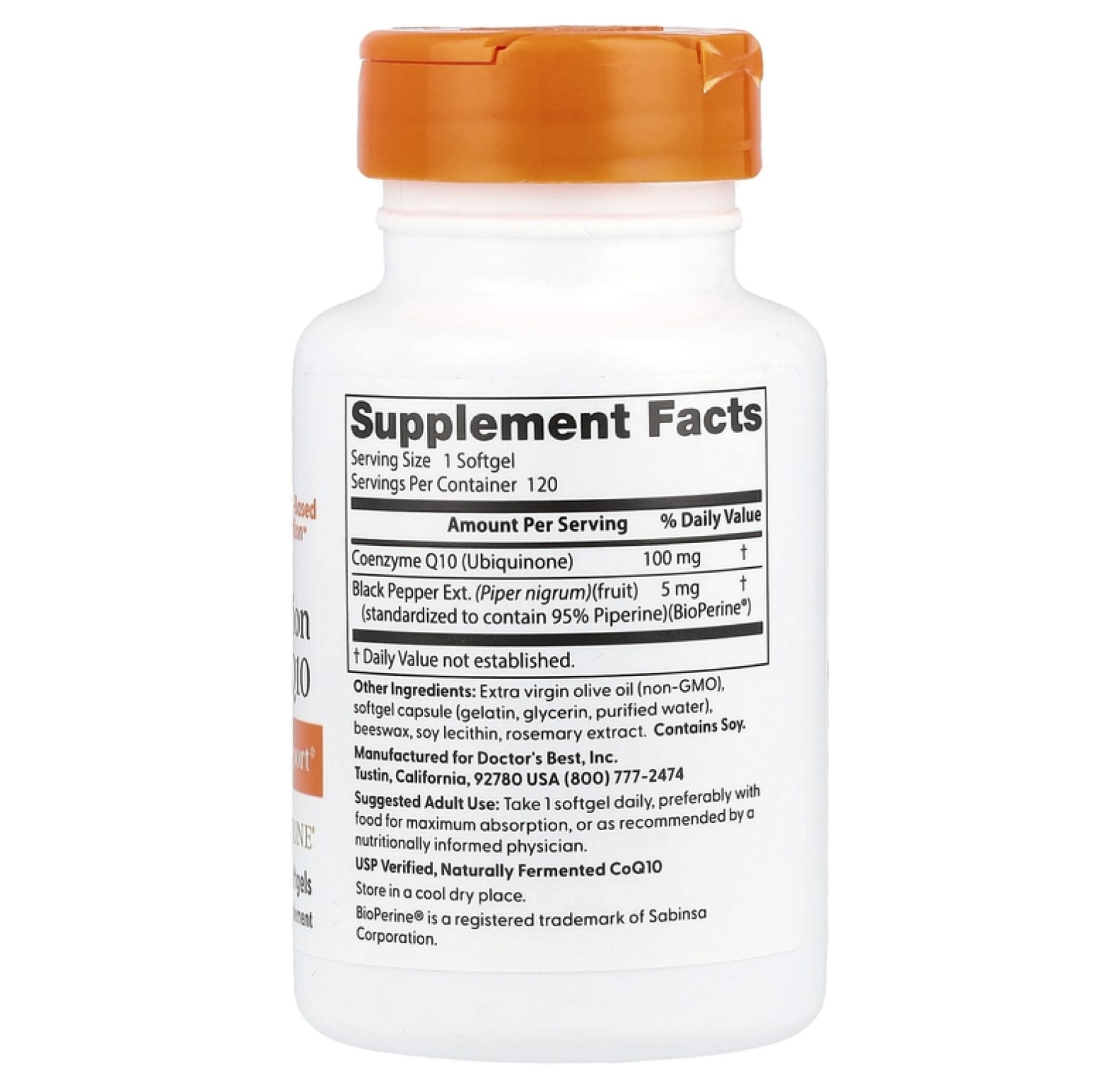 Doctor's Best, коэнзим Q10 с высокой степенью всасывания с BioPerine, 100 мг, 120 капсул