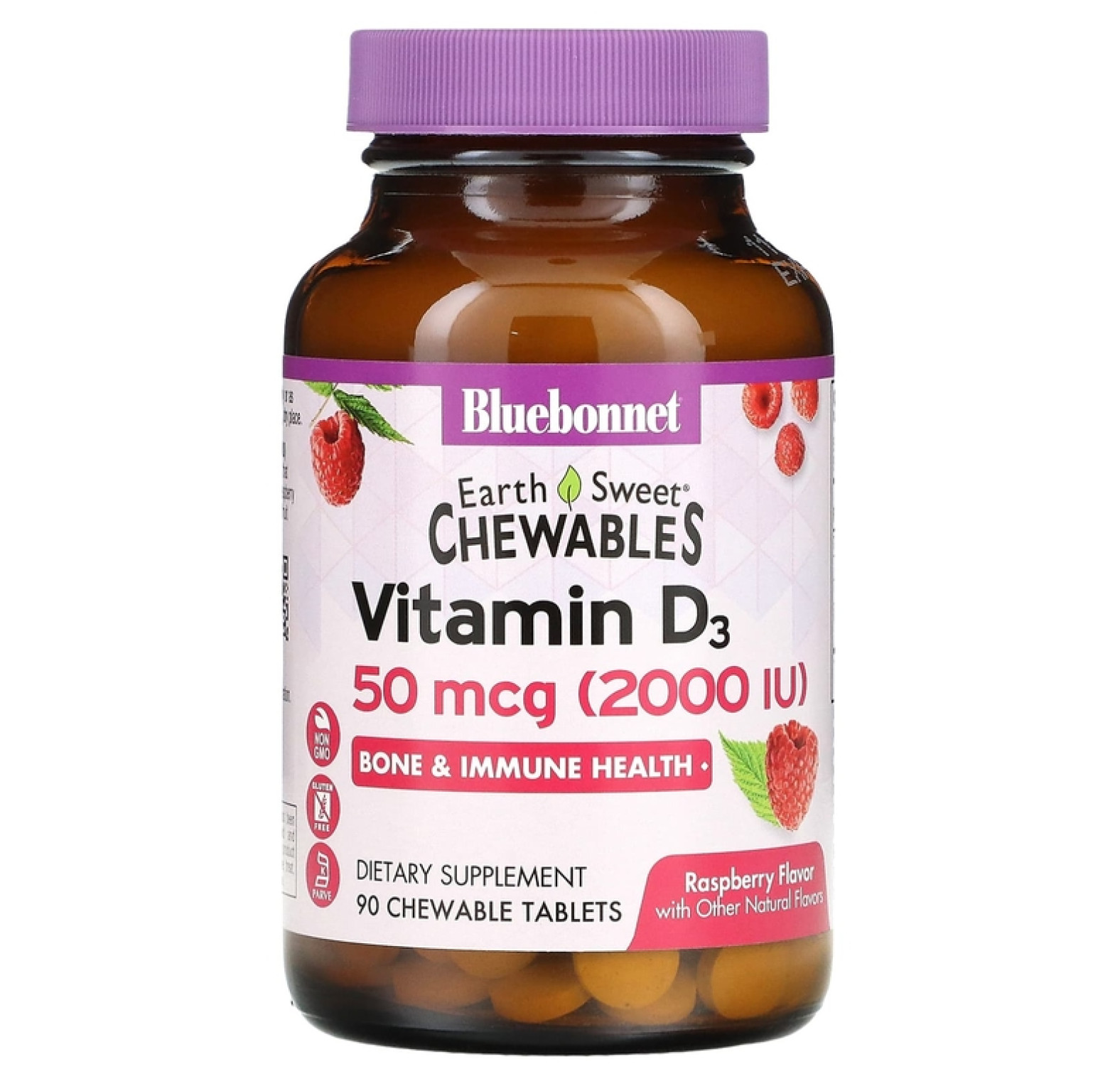 Bluebonnet Nutrition, Earth Sweet Chewables, витамин D3, со вкусом малины, 2000 МЕ, 90 жевательных таблеток