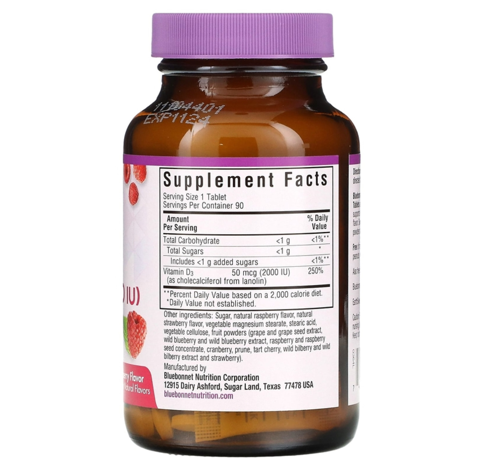 Bluebonnet Nutrition, Earth Sweet Chewables, витамин D3, со вкусом малины, 2000 МЕ, 90 жевательных таблеток