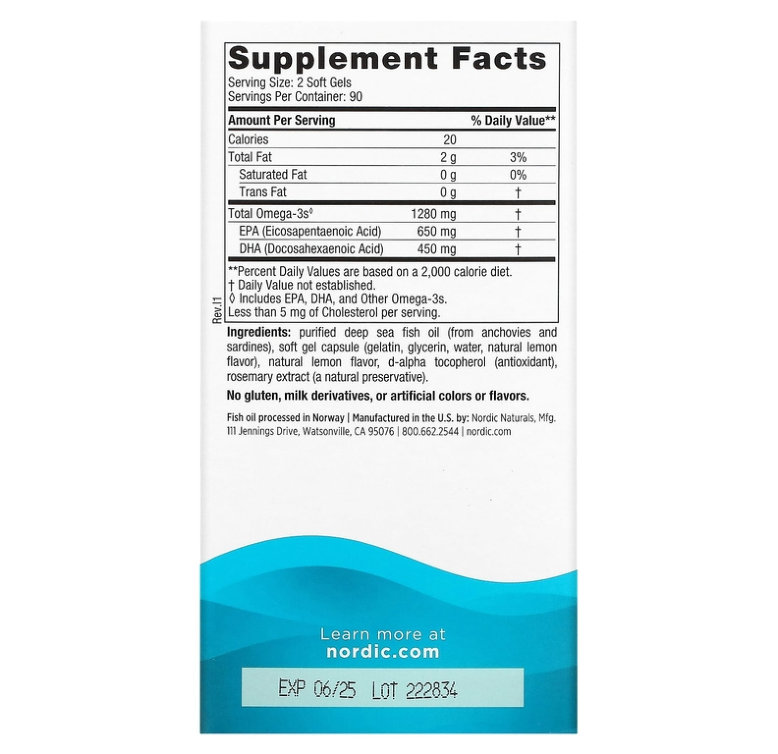 Nordic Naturals, Ultimate Omega, со вкусом лимона, 1280 мг, 180 капсул (640 мг в 1 капсуле)