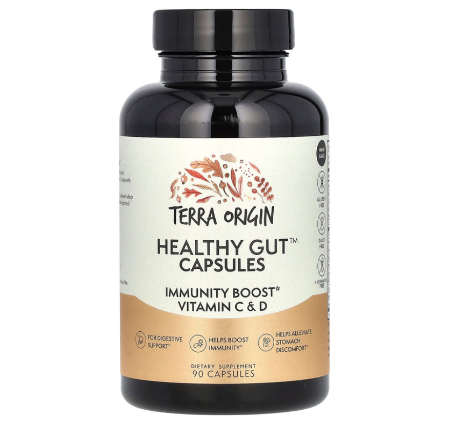 Terra Origin, капсулы для здоровья кишечника с витаминами C и D для повышения иммунитета, 90 капсул