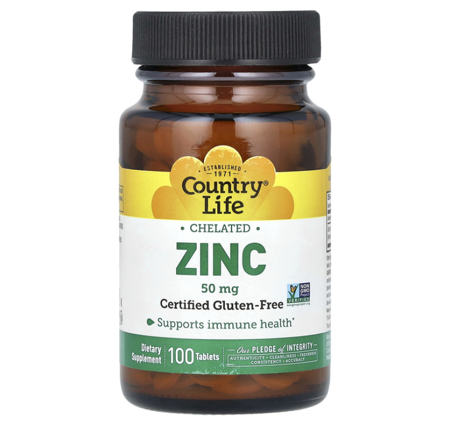 Country Life, хелатный цинк, 50 мг, 100 таблеток