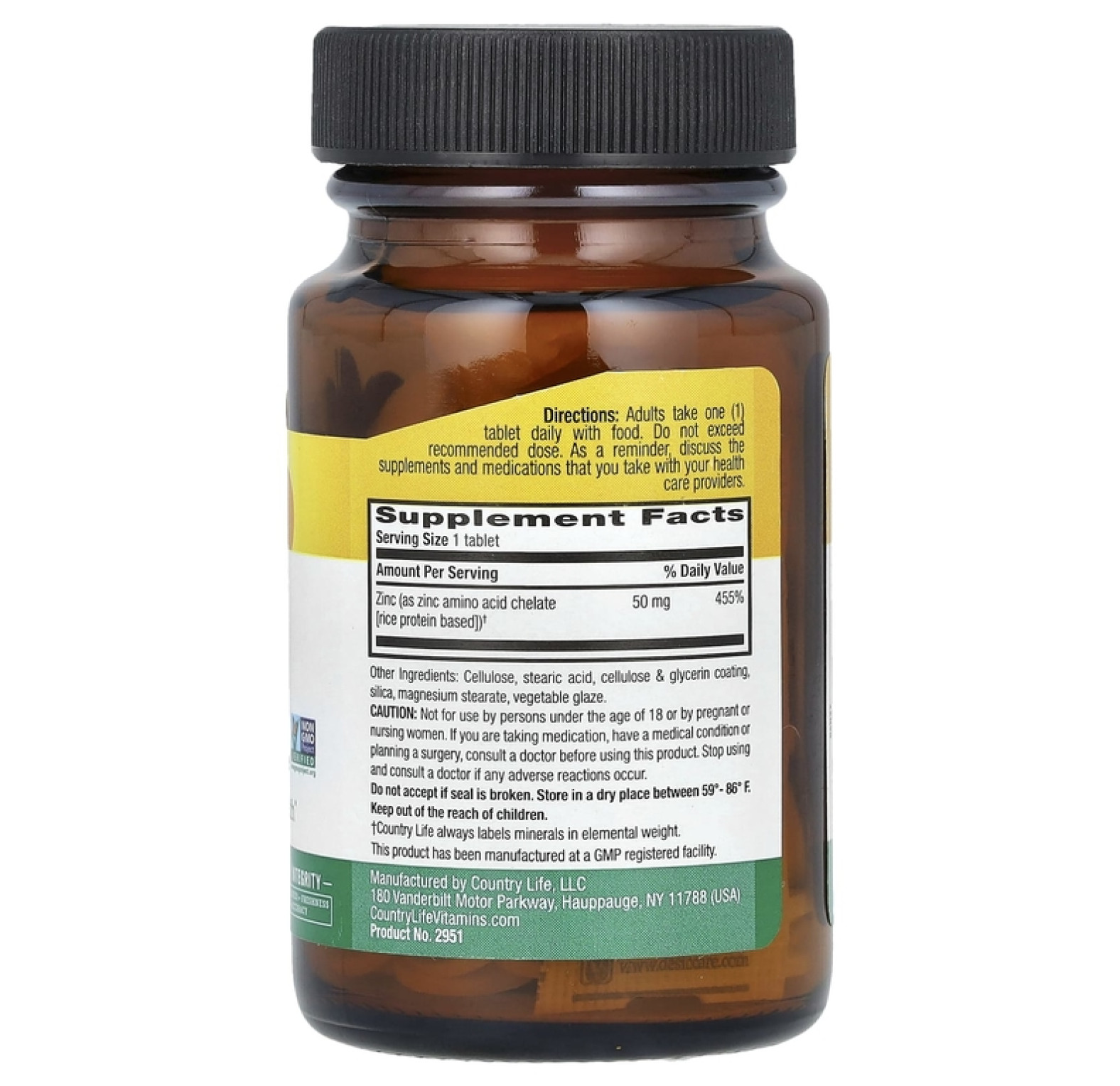 Country Life, хелатный цинк, 50 мг, 100 таблеток