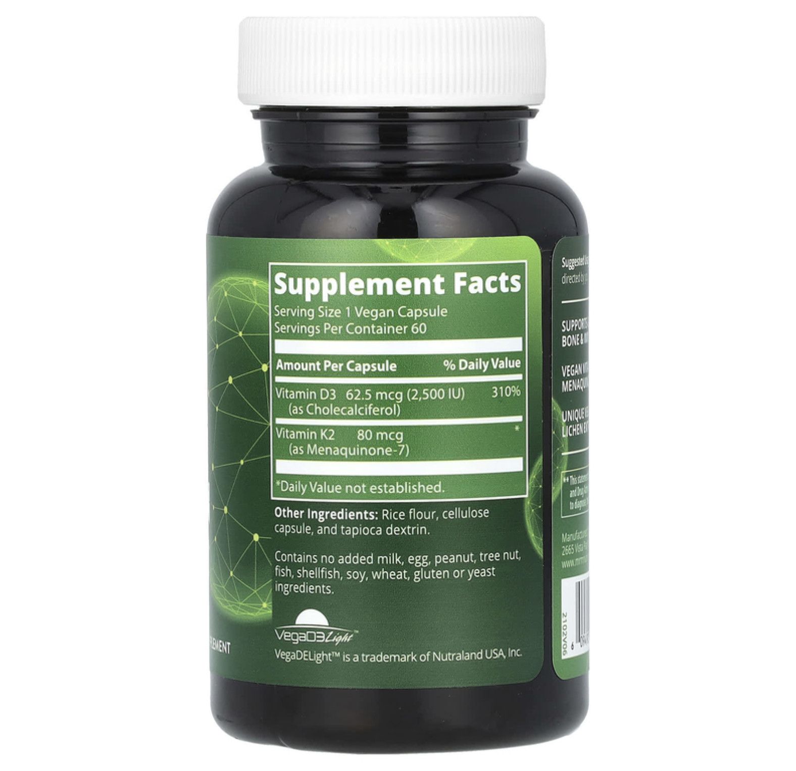 MRM, витамины D3 и K2, 62,5 мкг (2500 МЕ), 60 веганских капсул