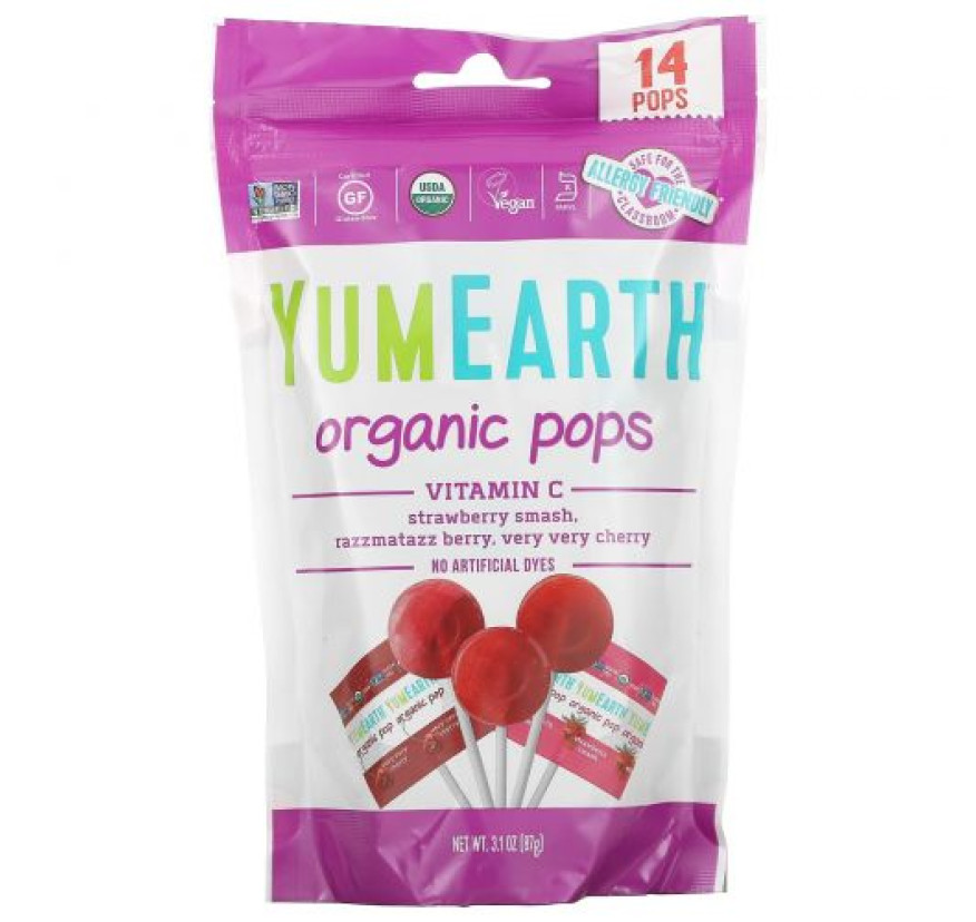 YumEarth, Organic Pops, витамин C, 14 леденцов, 87 г