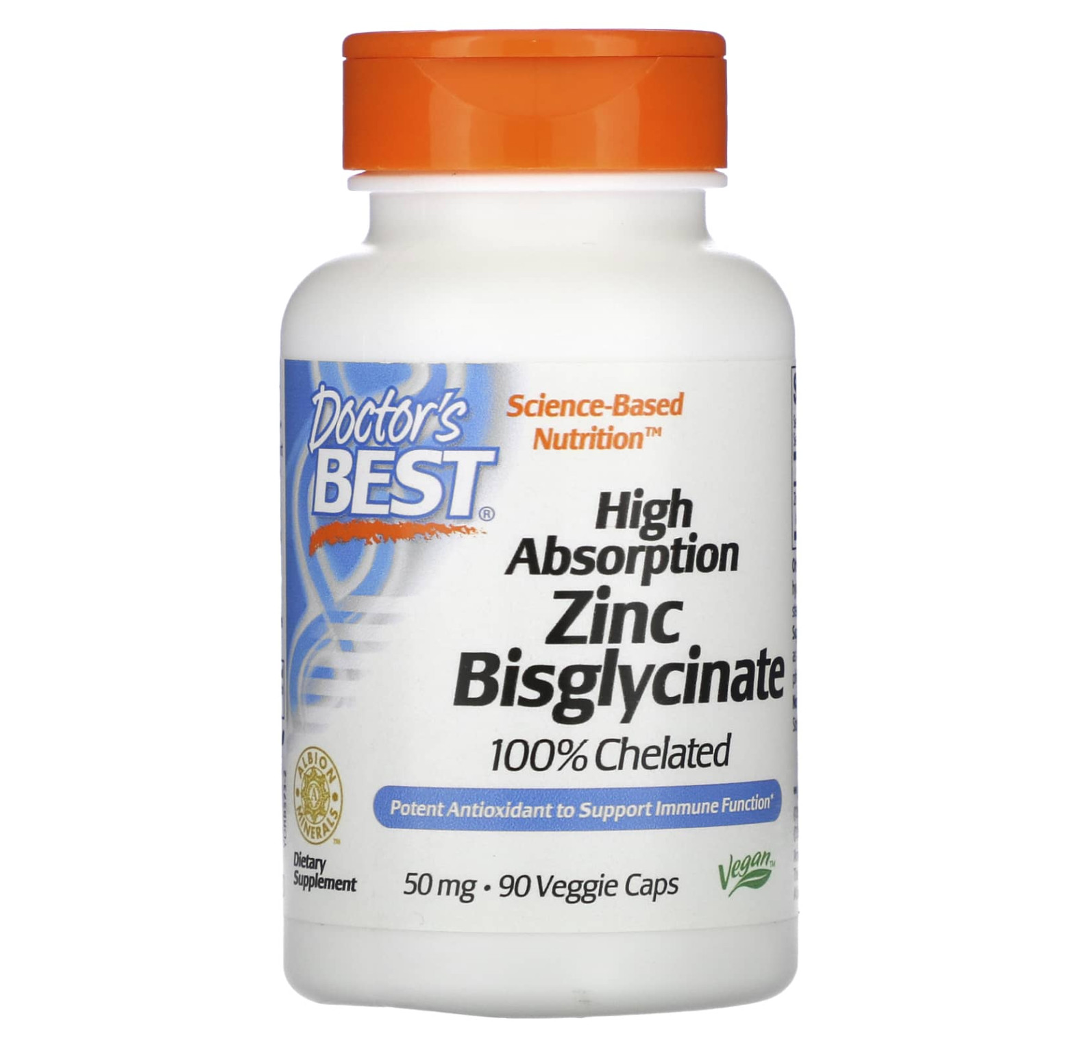 Doctor's Best, легкоусвояемый бисглицинат цинка, на 100% в хелатной форме, 50 мг, 90 вегетарианских капсул