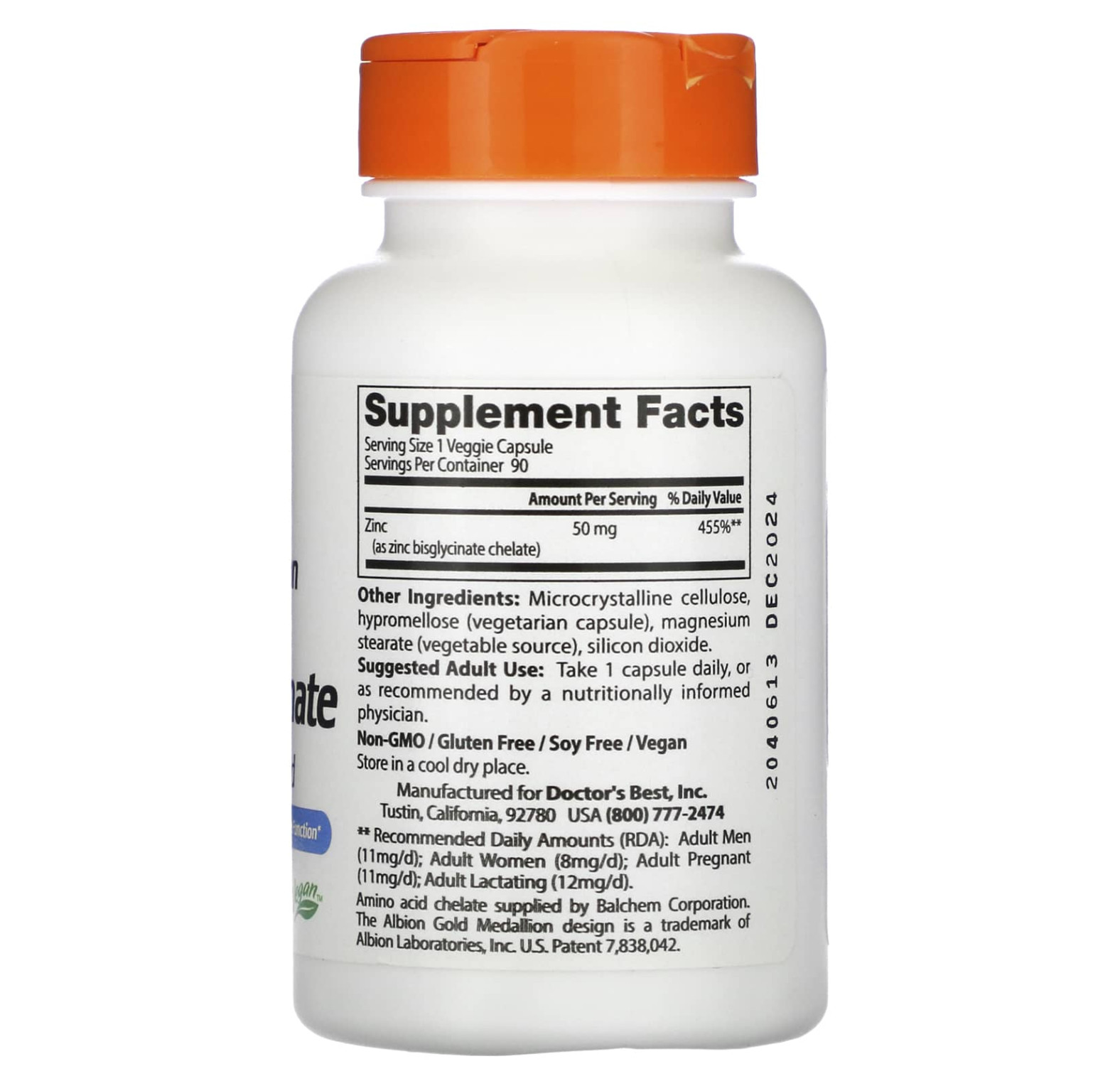 Doctor's Best, легкоусвояемый бисглицинат цинка, на 100% в хелатной форме, 50 мг, 90 вегетарианских капсул