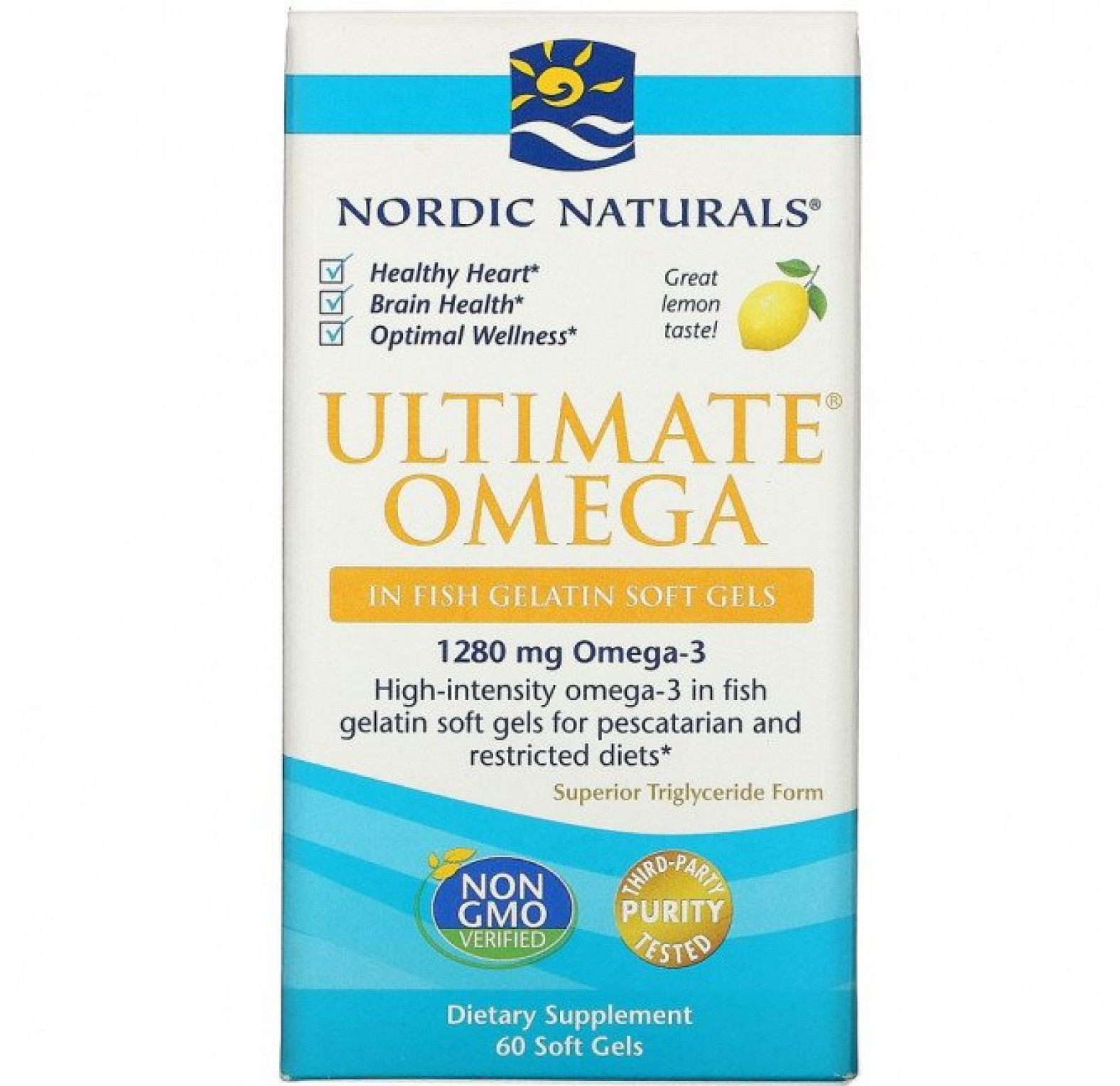 Nordic Naturals, Ultimate Omega, со вкусом лимона, 640 мг, 60 капсул, оранж.